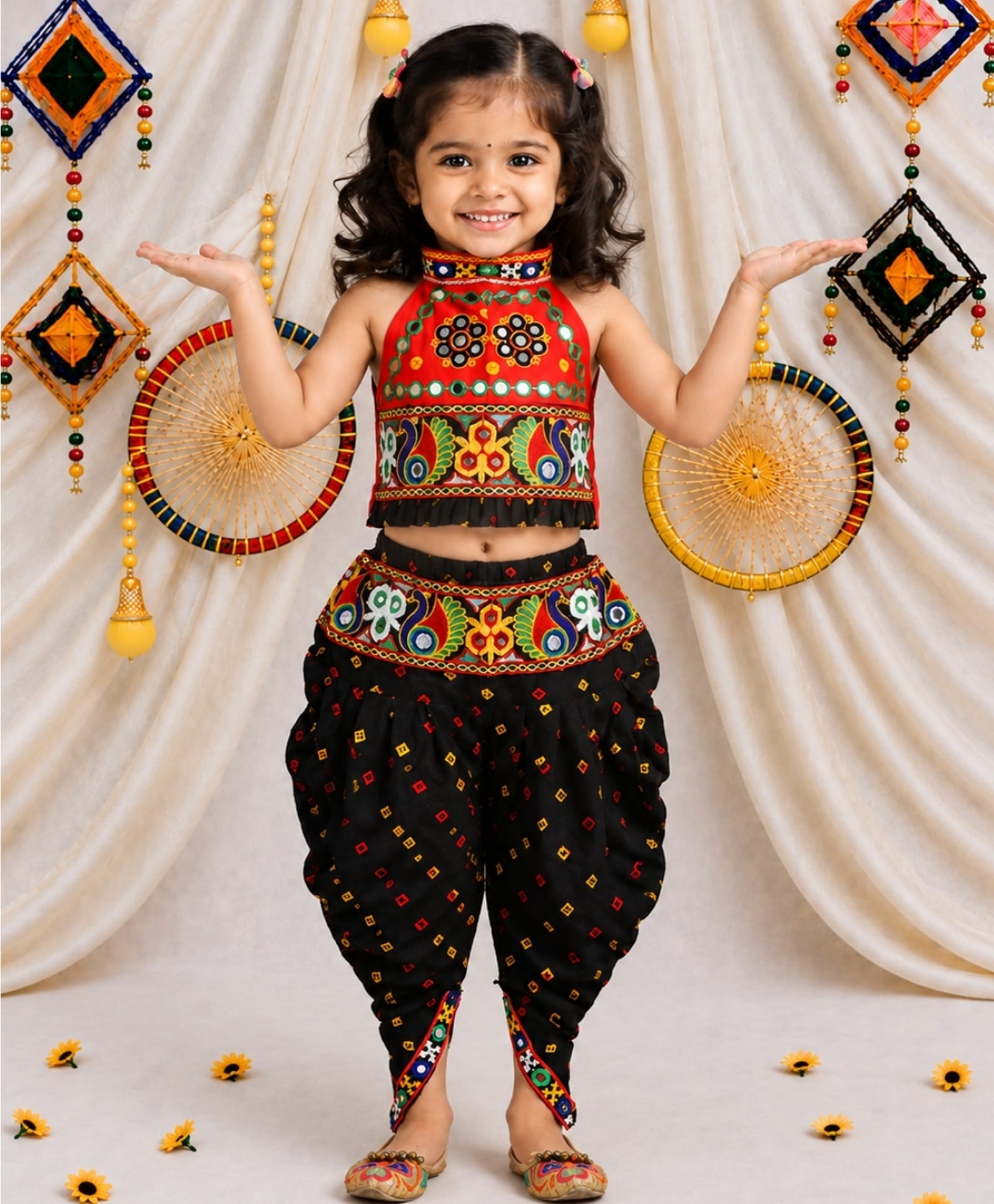 BownBee Cotton Halter Neck Choli With Dhoti-Black