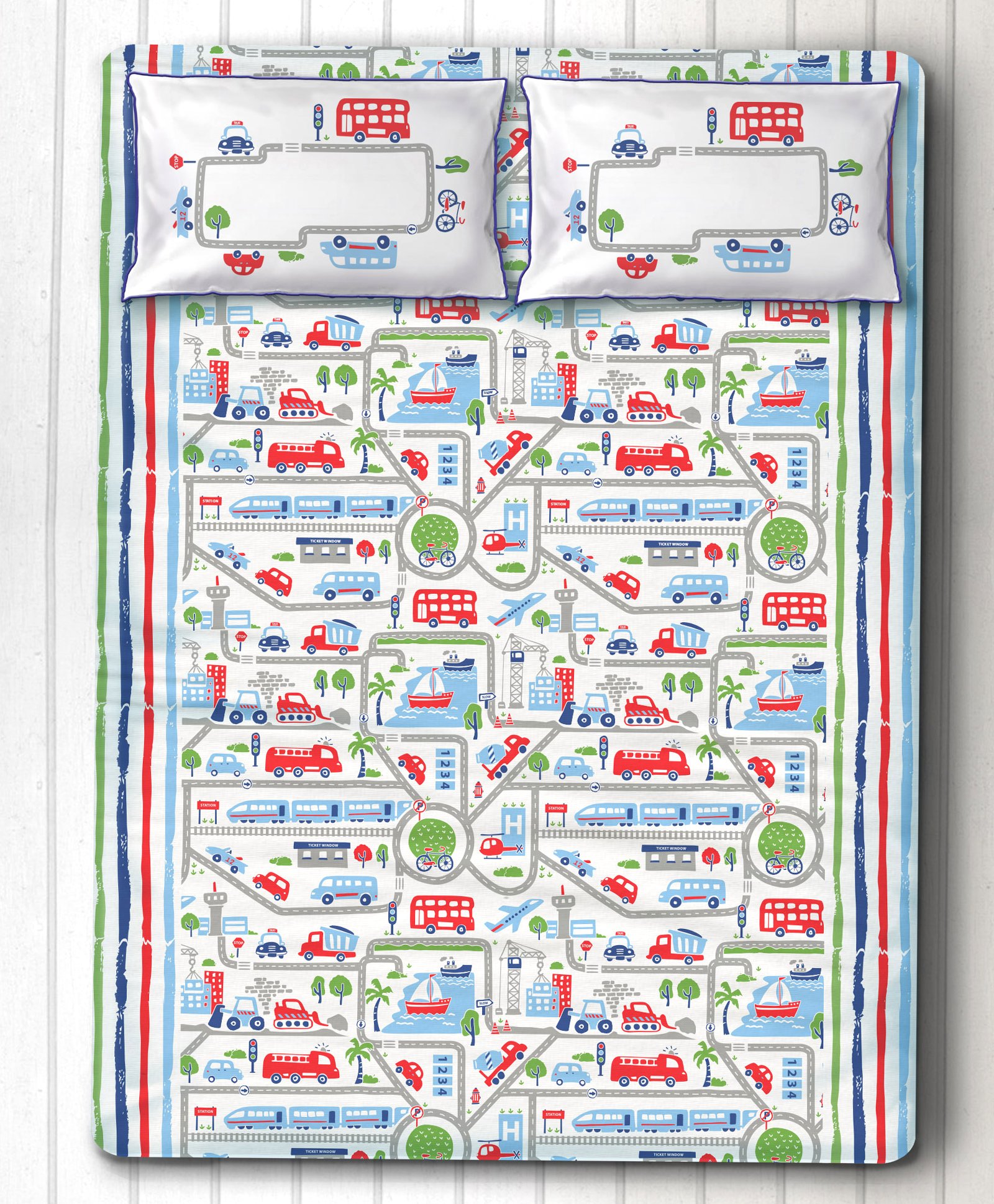 Silverlinen Busy Street Double Bedsheet with Two Pillow Covers - Multicolor-image-16