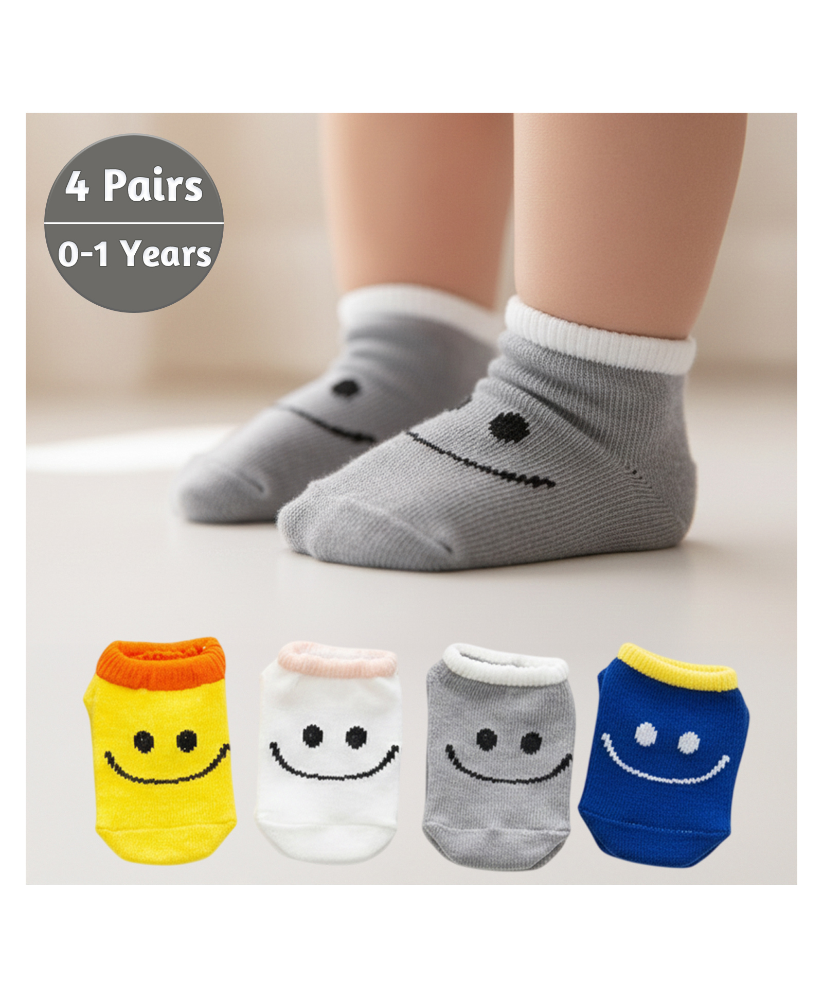 Syga Anti Slip Smile Design Ankle Length Socks Pack of 4 - Multicolor-image-1