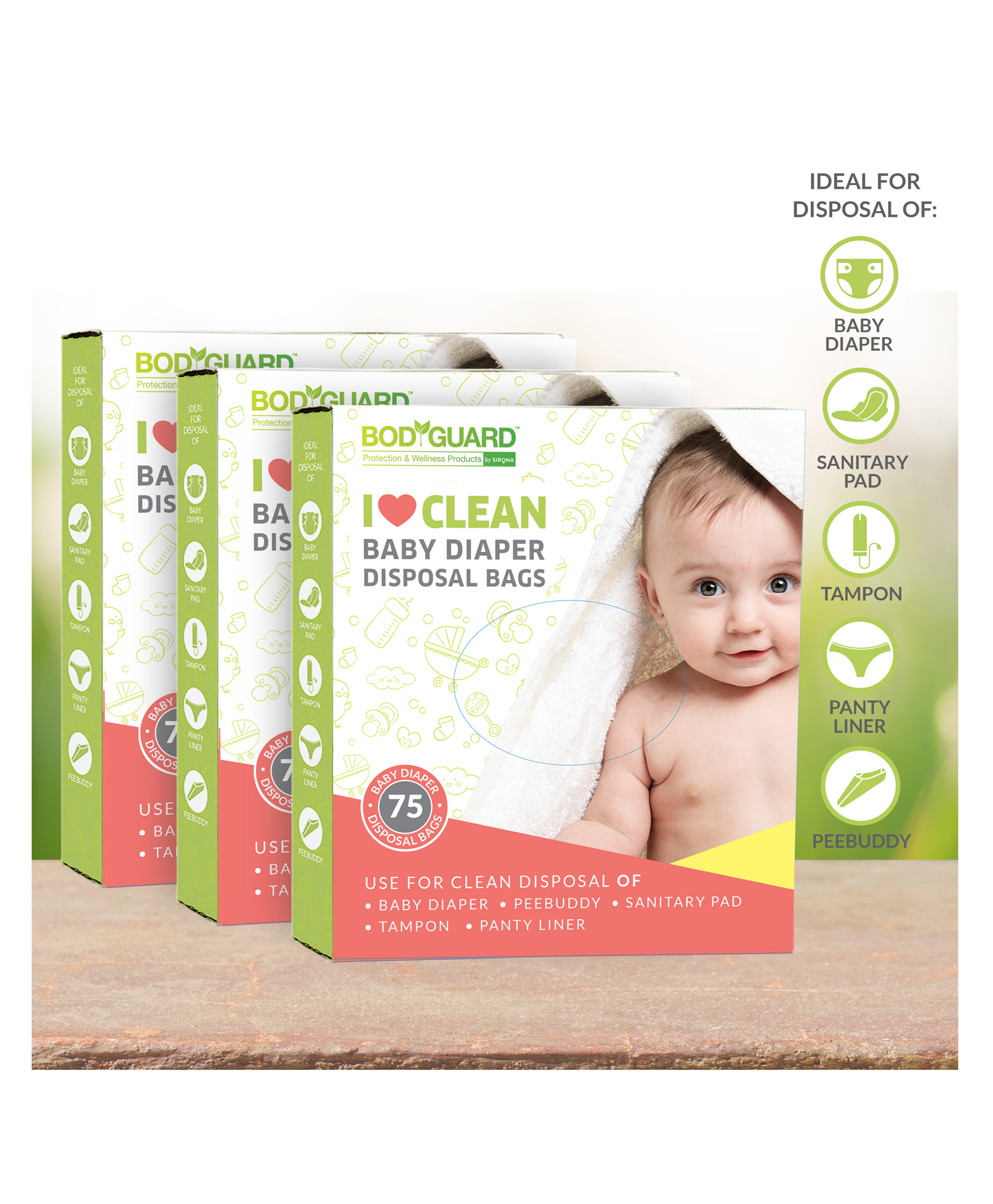 BodyGuard I Love Clean Baby Diaper Disposal Bags - 225 Bags (3 Pack - 75 Bags Each)-image-11