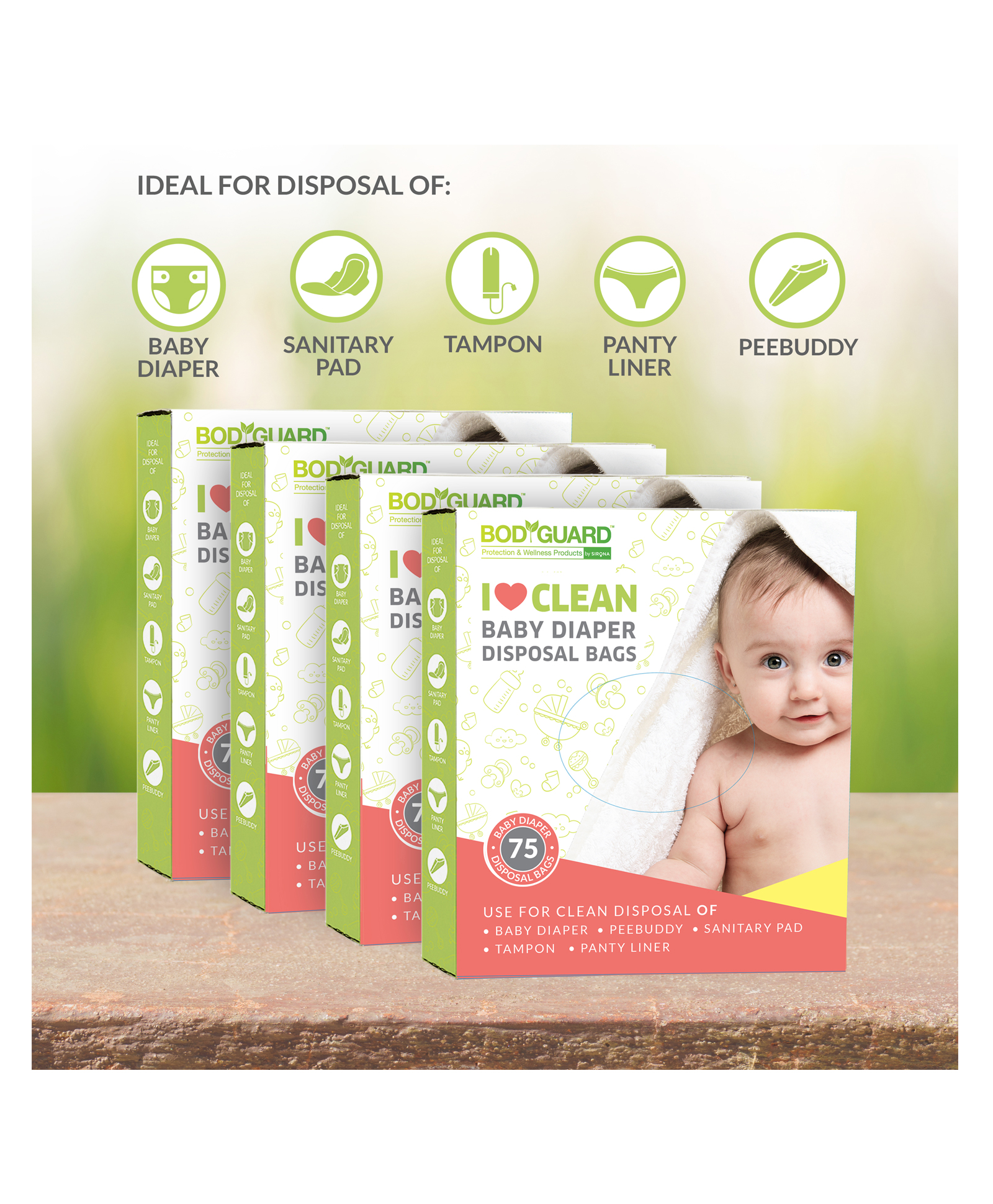 BodyGuard I Love Clean Baby Diaper Disposal Bags - 300 Bags (4 Pack - 75 Bags Each)-image-15