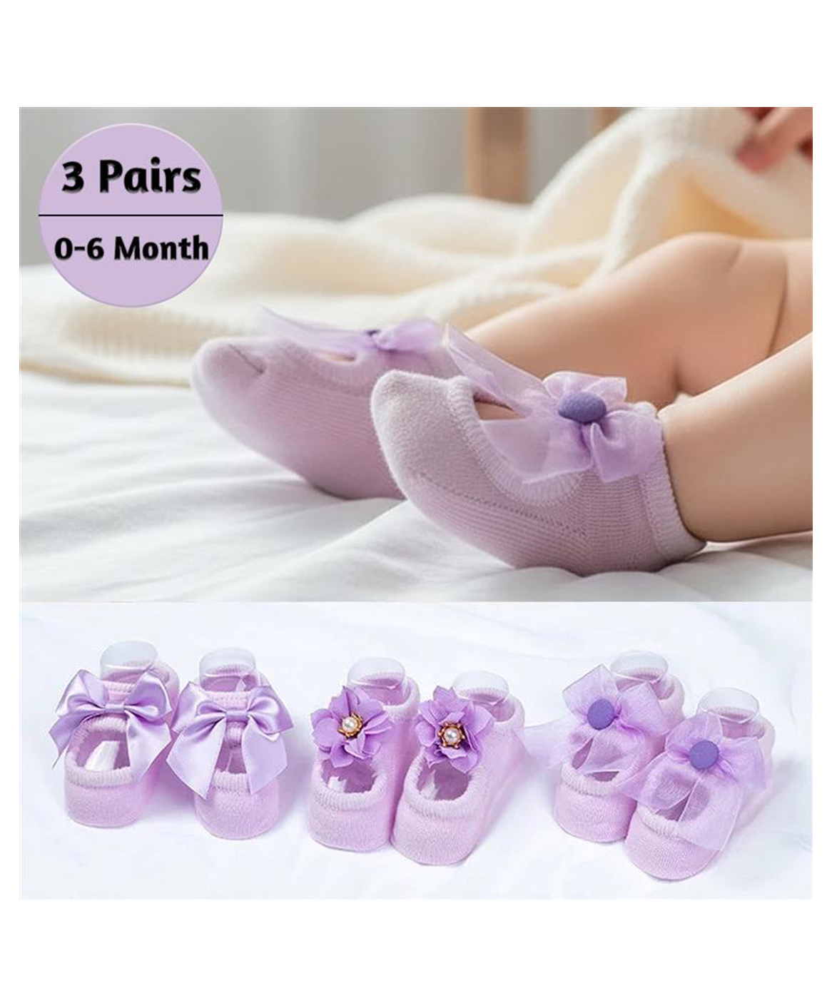 Syga Anti Bacterial & Anti Slip Ankle Length Socks Pack of 3 - Light Purple-image-40