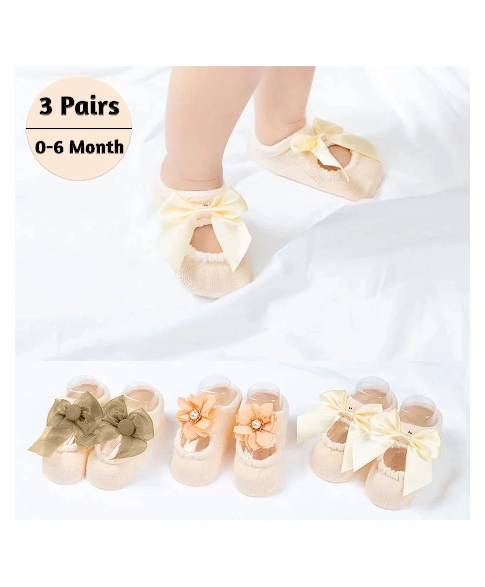 Syga Anti Bacterial & Anti Slip Ankle Length Socks Pack of 3 - Beige