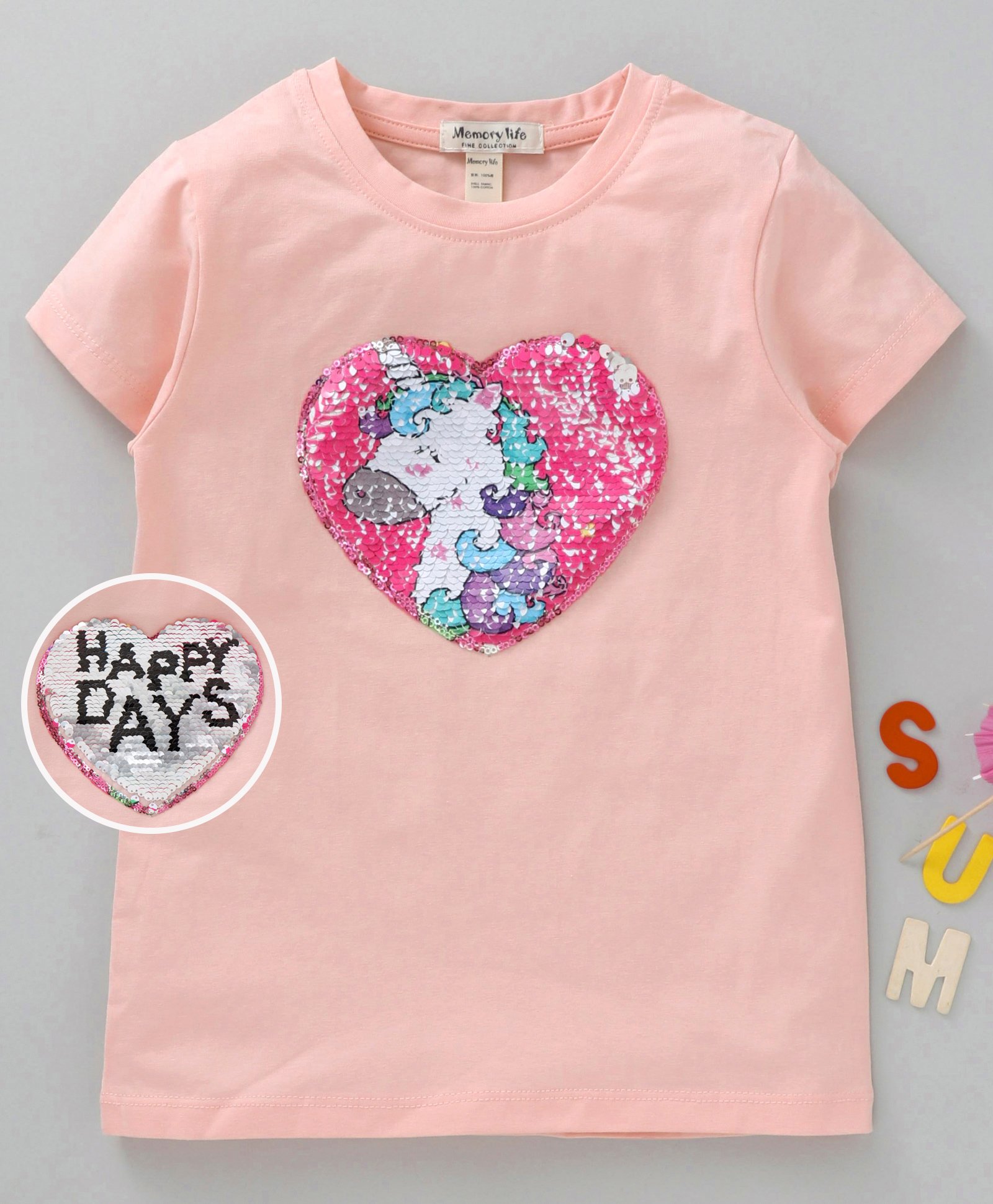 Memory Life Short Sleeves Tee Sequin Flip Happy Design - Peach-picture-21