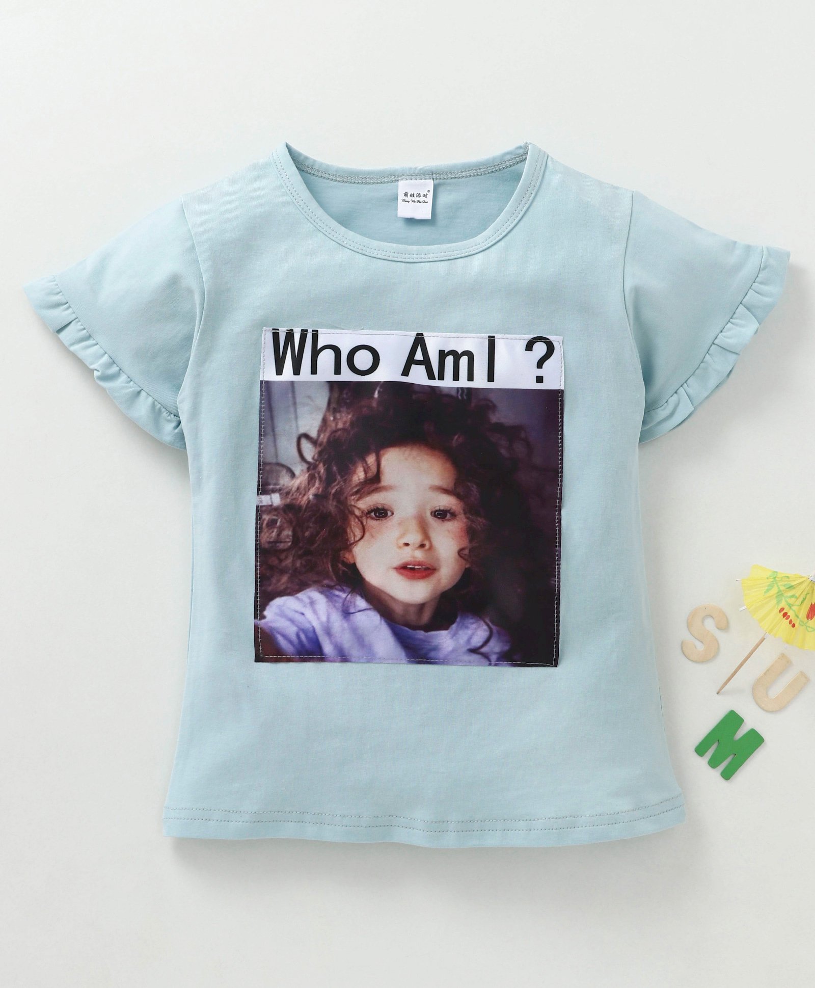 Meng Wa Half Sleeves Top Who Am I Print - Teal Blue-image-30