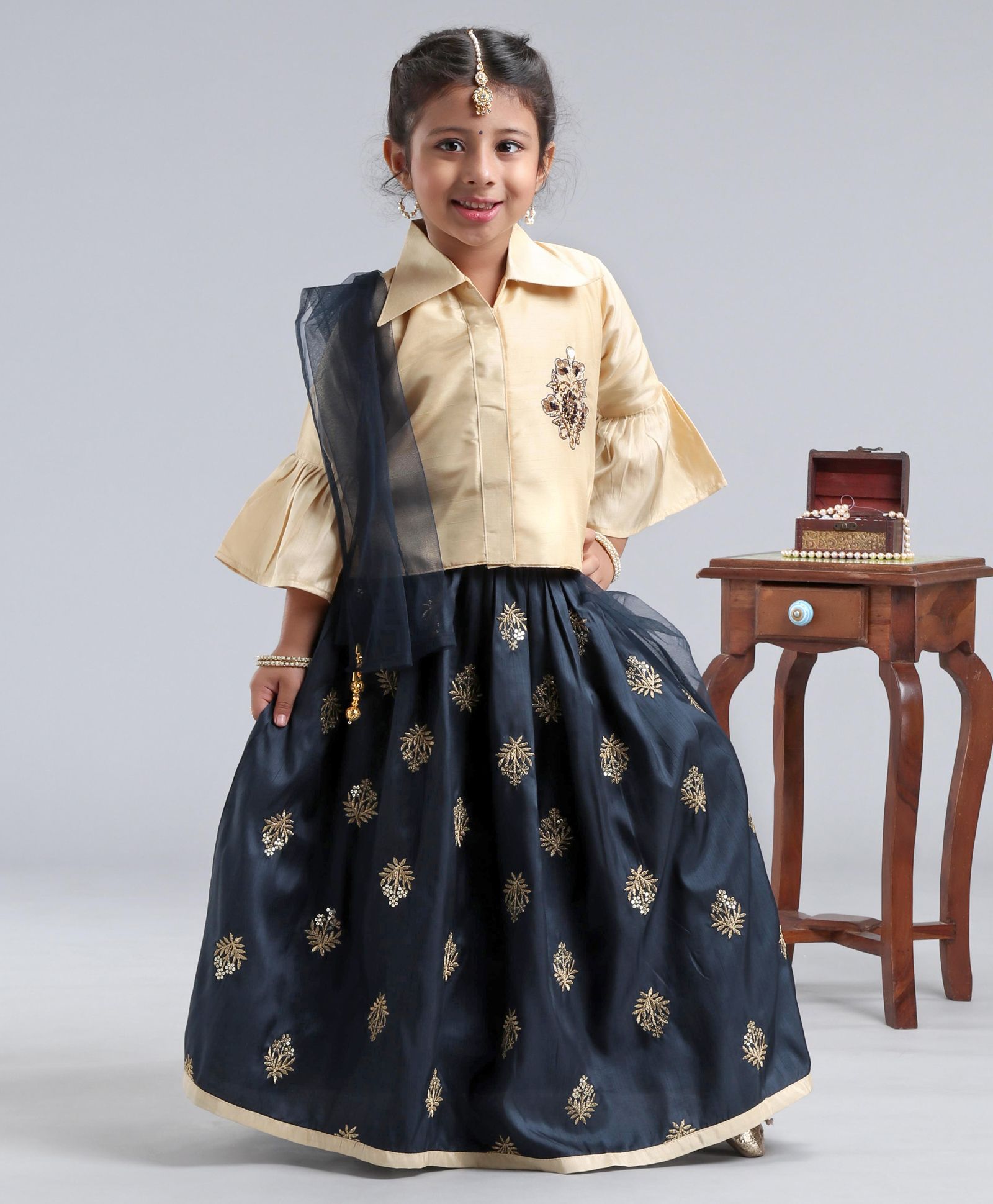 Babyhug Three Fourth Sleeves Shirt Style Choli with Embroidered Lehenga - Beige & Navy-image-0