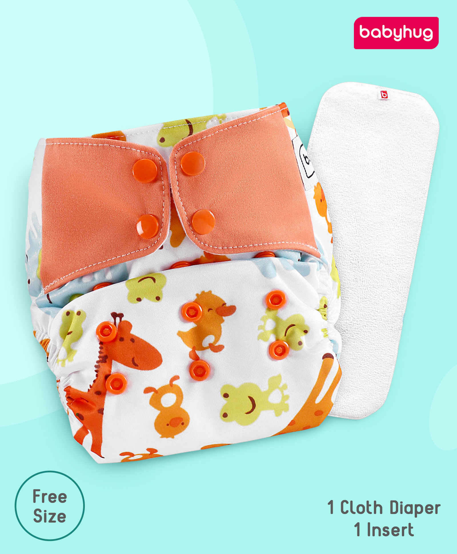 Babyhug Free Size Reusable Contrast Flap Closure Cloth Diaper With Insert Animal Print - White Orange-image-6