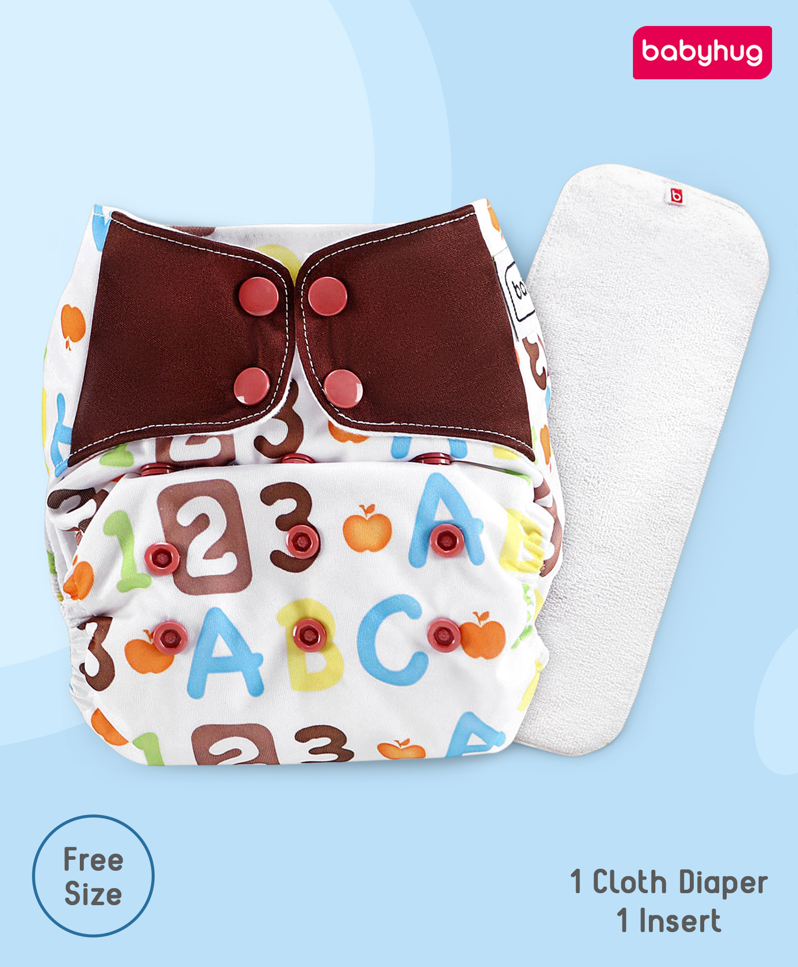 Babyhug Free Size Reusable Contrast Flap Closure Cloth Diaper With Insert Alphanumeric Print - White Brown-image-5
