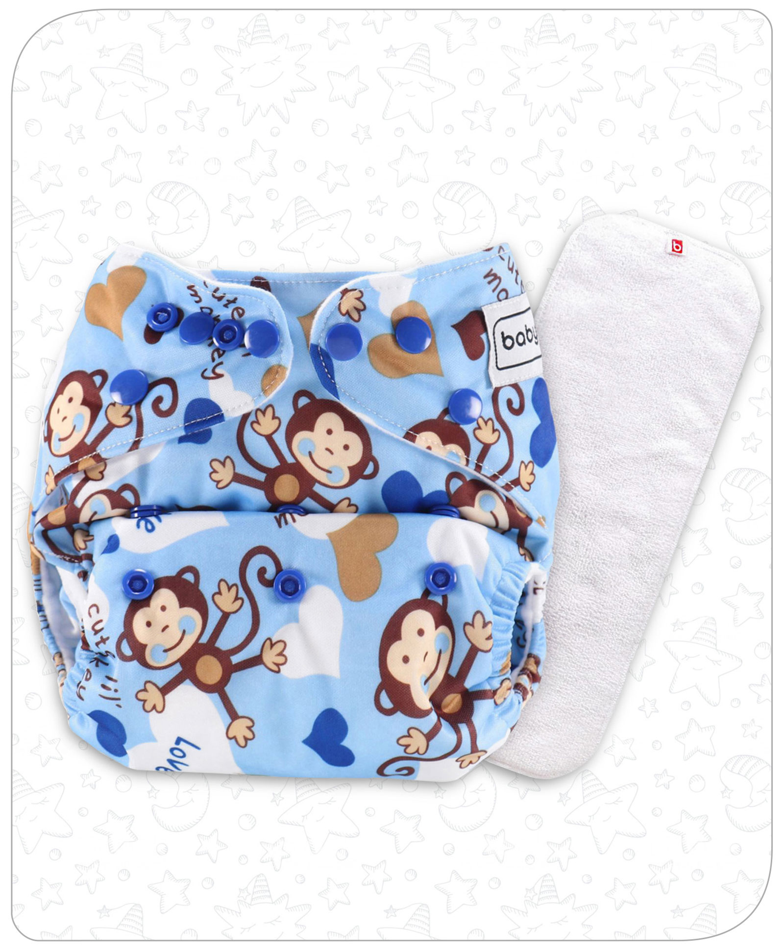 Babyhug Free Size Reusable Cloth Diaper With Insert Monkey Print - Blue-image-29