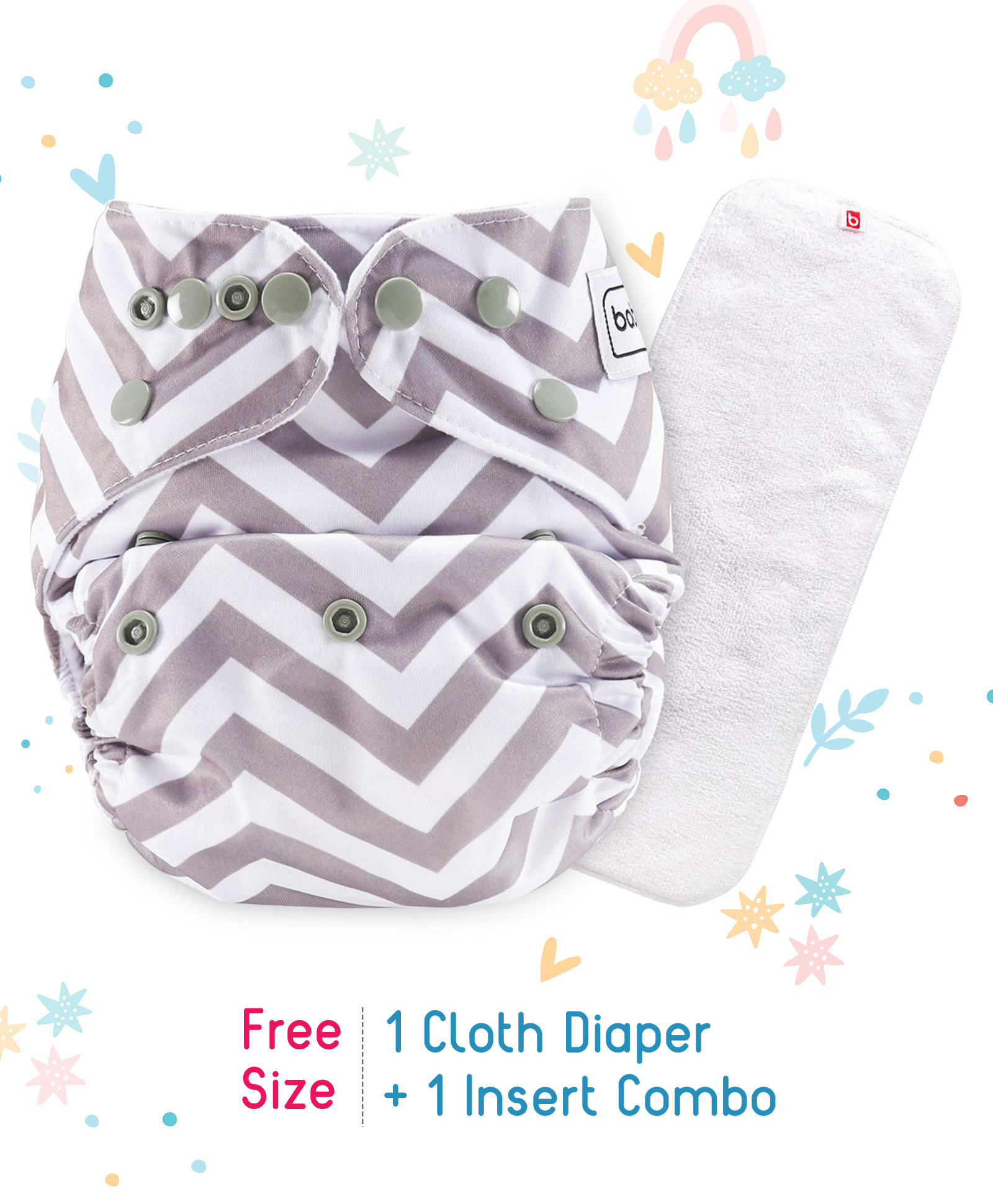 Babyhug Free Size Reusable Chevron Cloth Diaper With Insert - Grey White-image-13