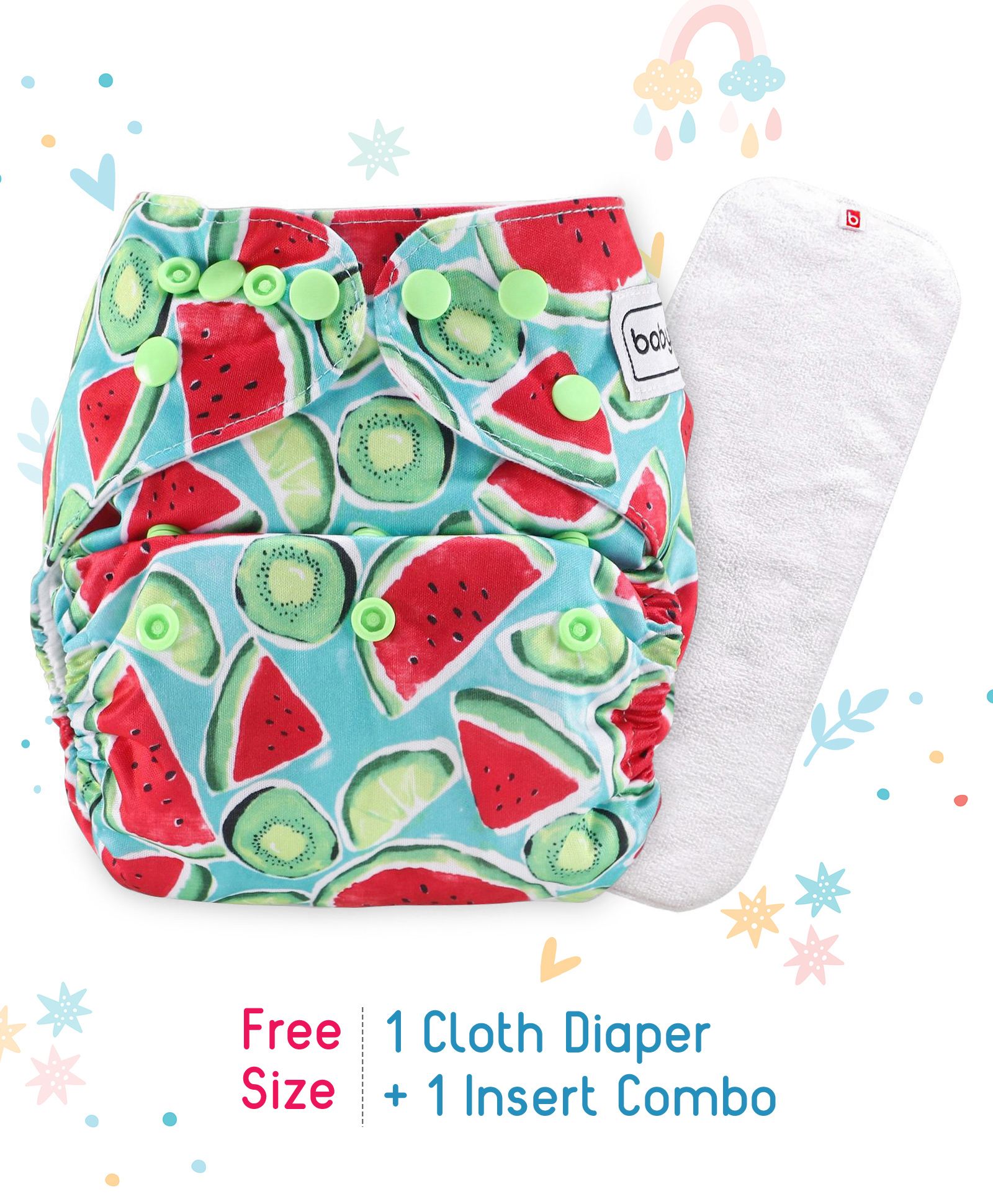 Babyhug Free Size Reusable Cloth Diaper With Insert Watermelon Print - Blue-picture-21