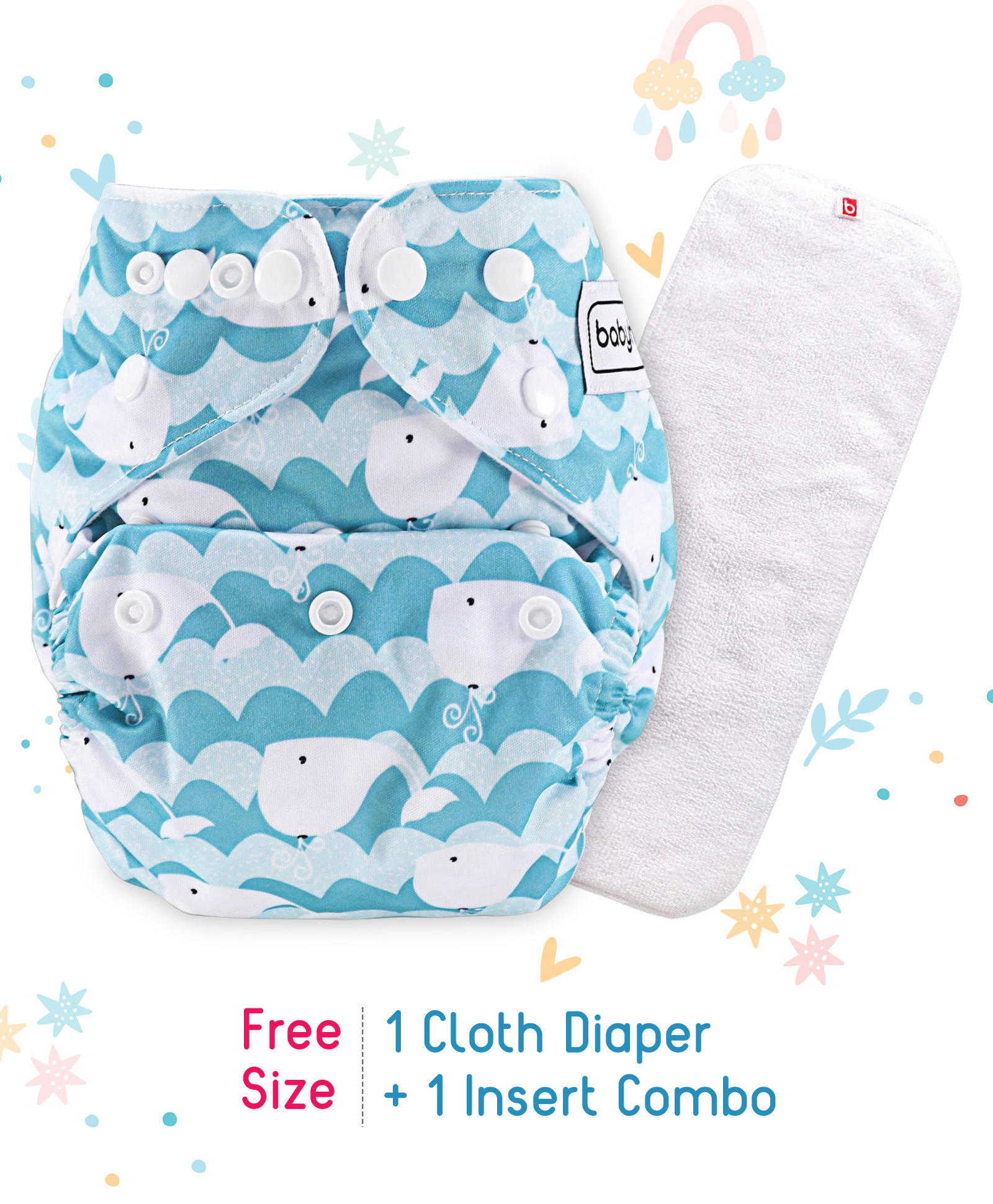 Babyhug Free Size Reusable Cloth Diaper With Insert Whale Print - Blue