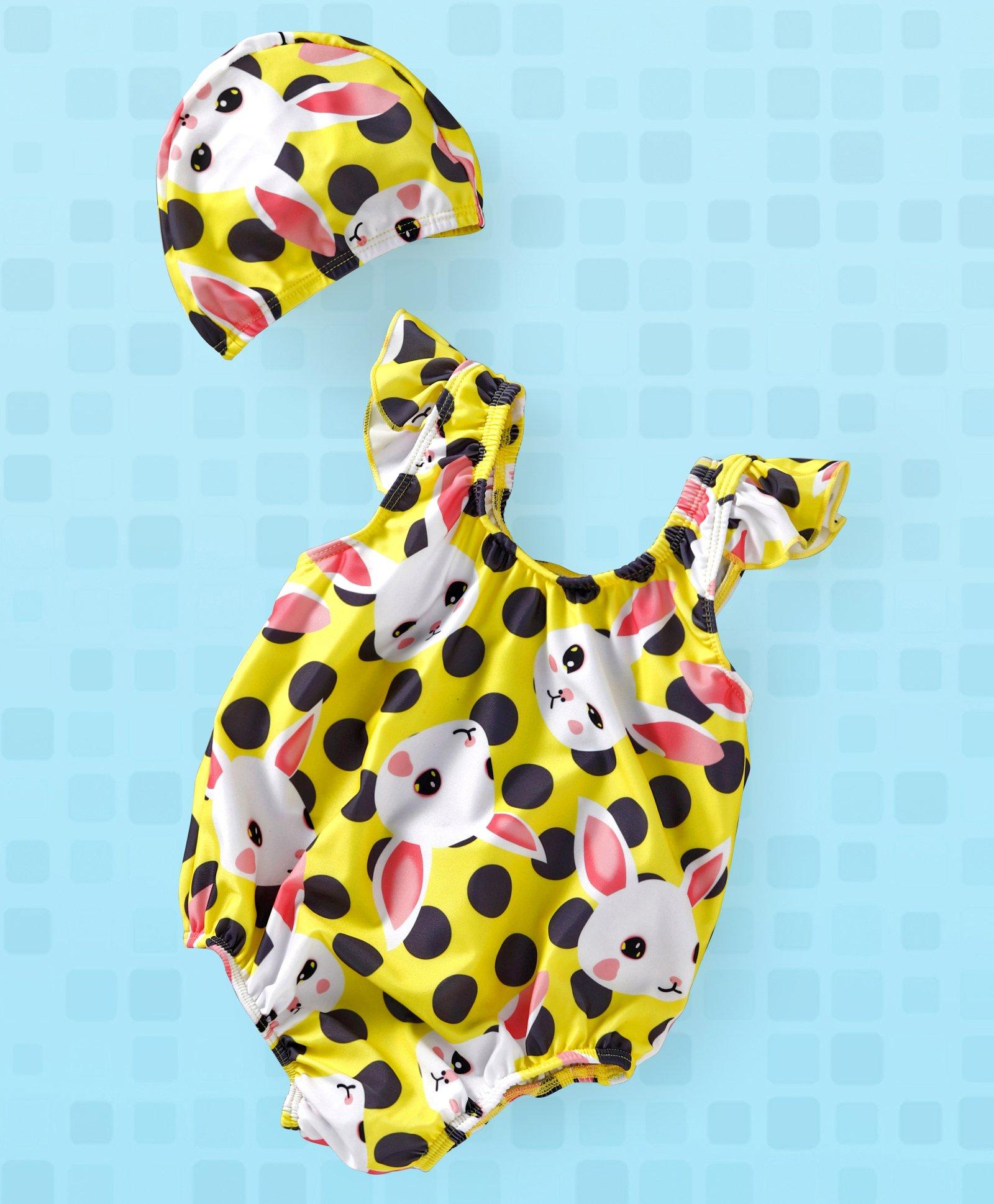 Yellowbee Bunny & Polka Dot Printed Cap Sleeves Swimsuit With Cap - Yellow-image-26