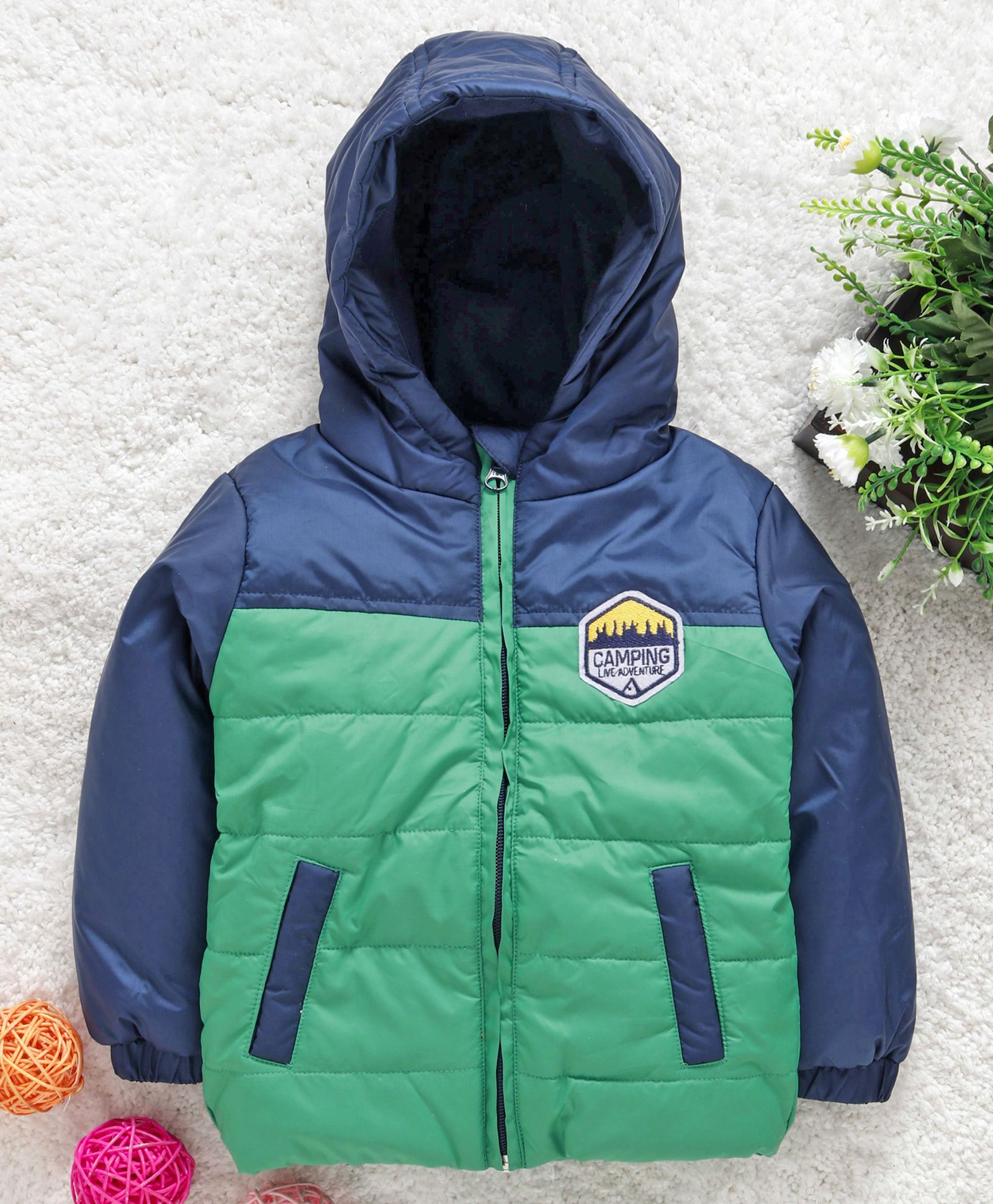 Babyhug Full Sleeves Hooded Padded Jacket Camping Patch - Blue Green-image-48