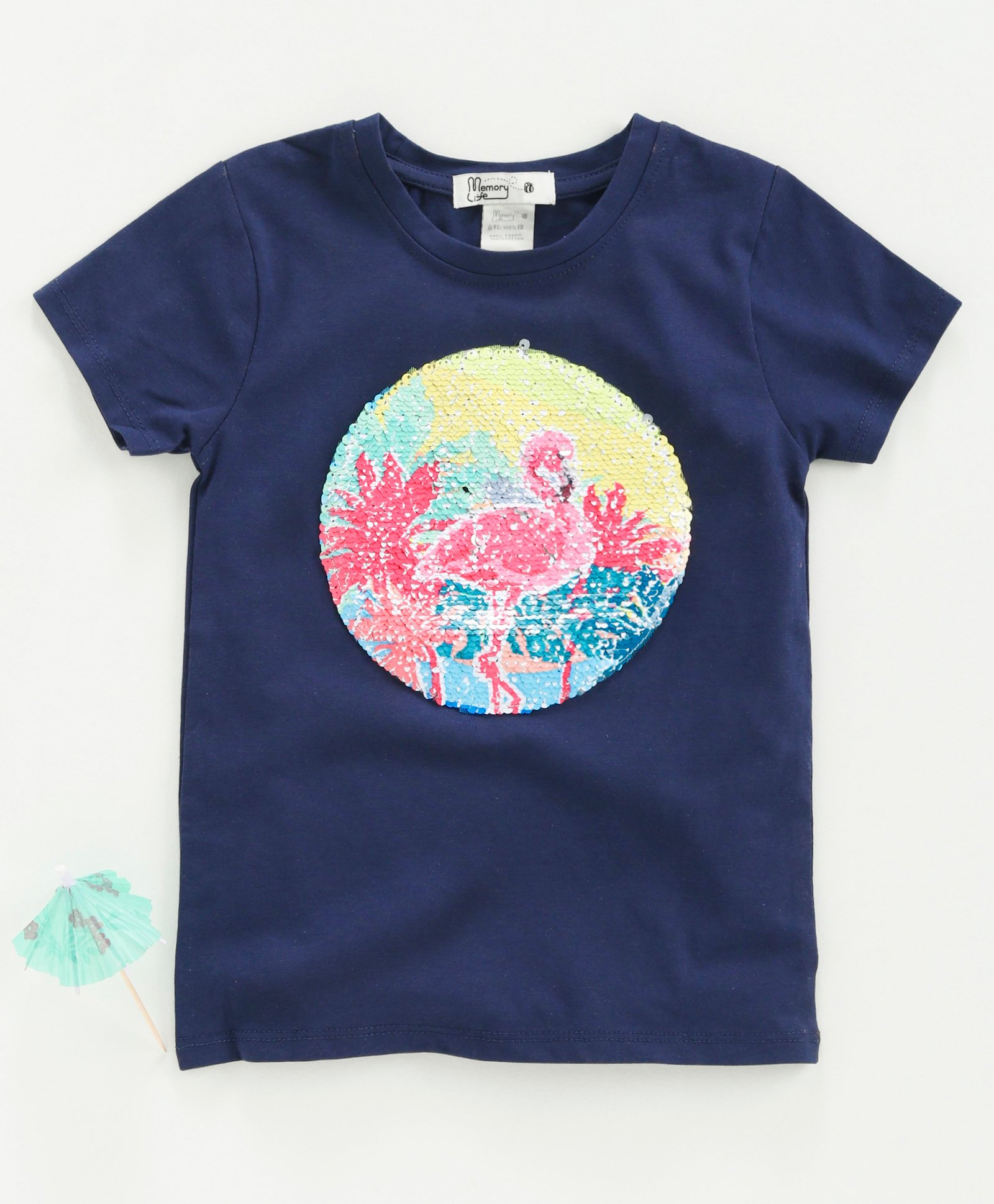 memory life Memory Live Half Sleeves Tee Circular Sequin Flip Design - Navy-picture-31