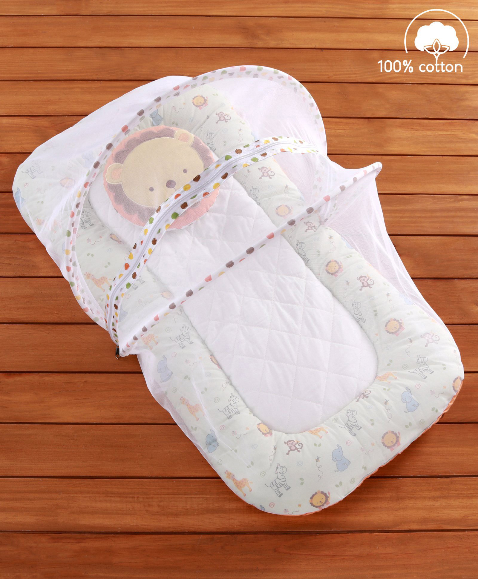 Babyhug Premium Cotton Gadda Set With Mosquito Net Jungle Theme - Multicolor