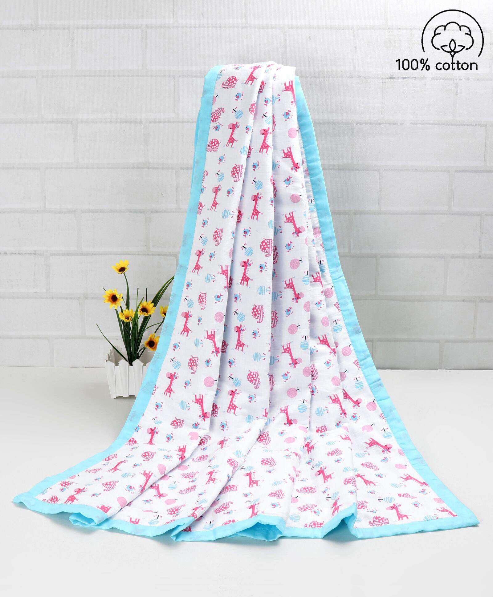Babyhug Premium Cotton 2 Layered Baby Muslin Blanket Giraffe Print - Blue-image-9