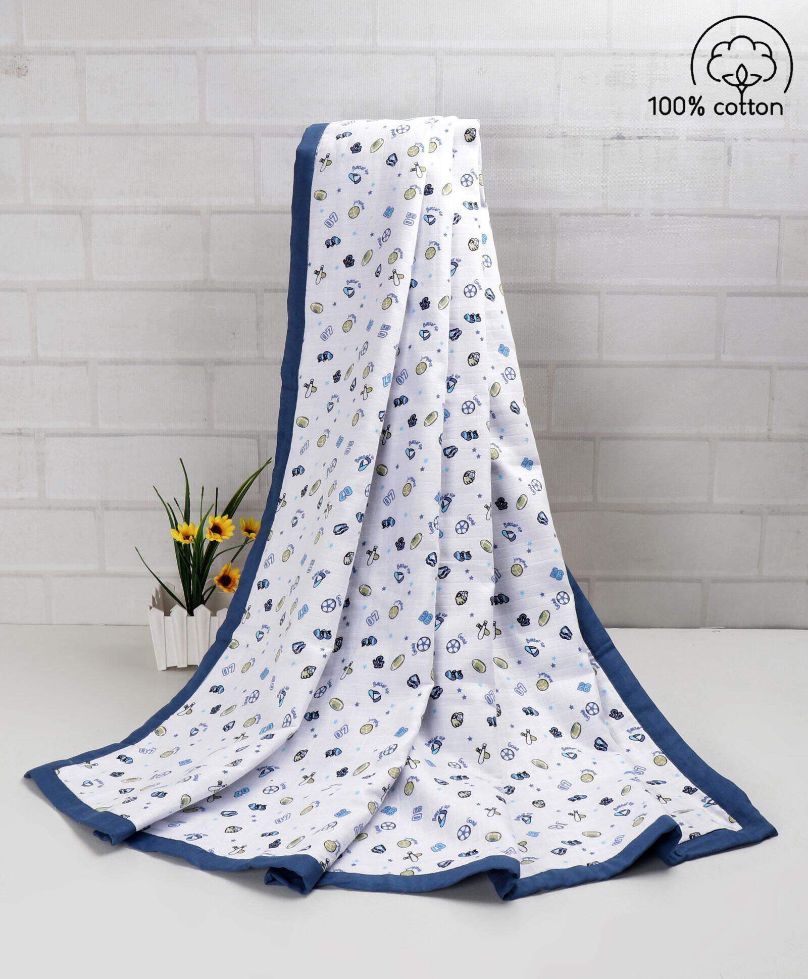 Babyhug Premium Cotton 2 Layered Baby Muslin Blanket Sports Print - Blue-image-48