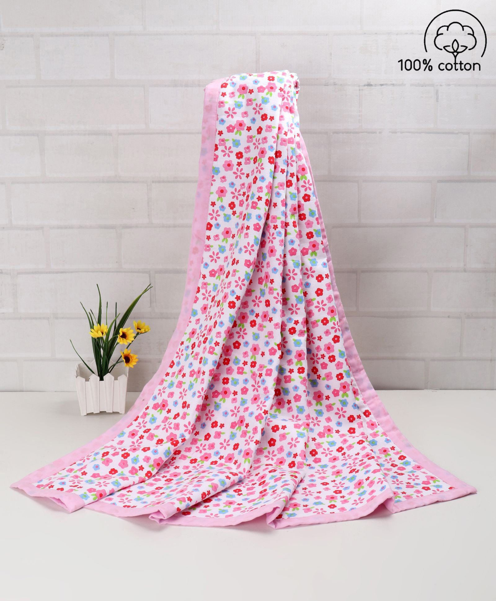 Babyhug Premium Cotton 3 Layered Baby Muslin Blanket Floral Print - Pink-image-18