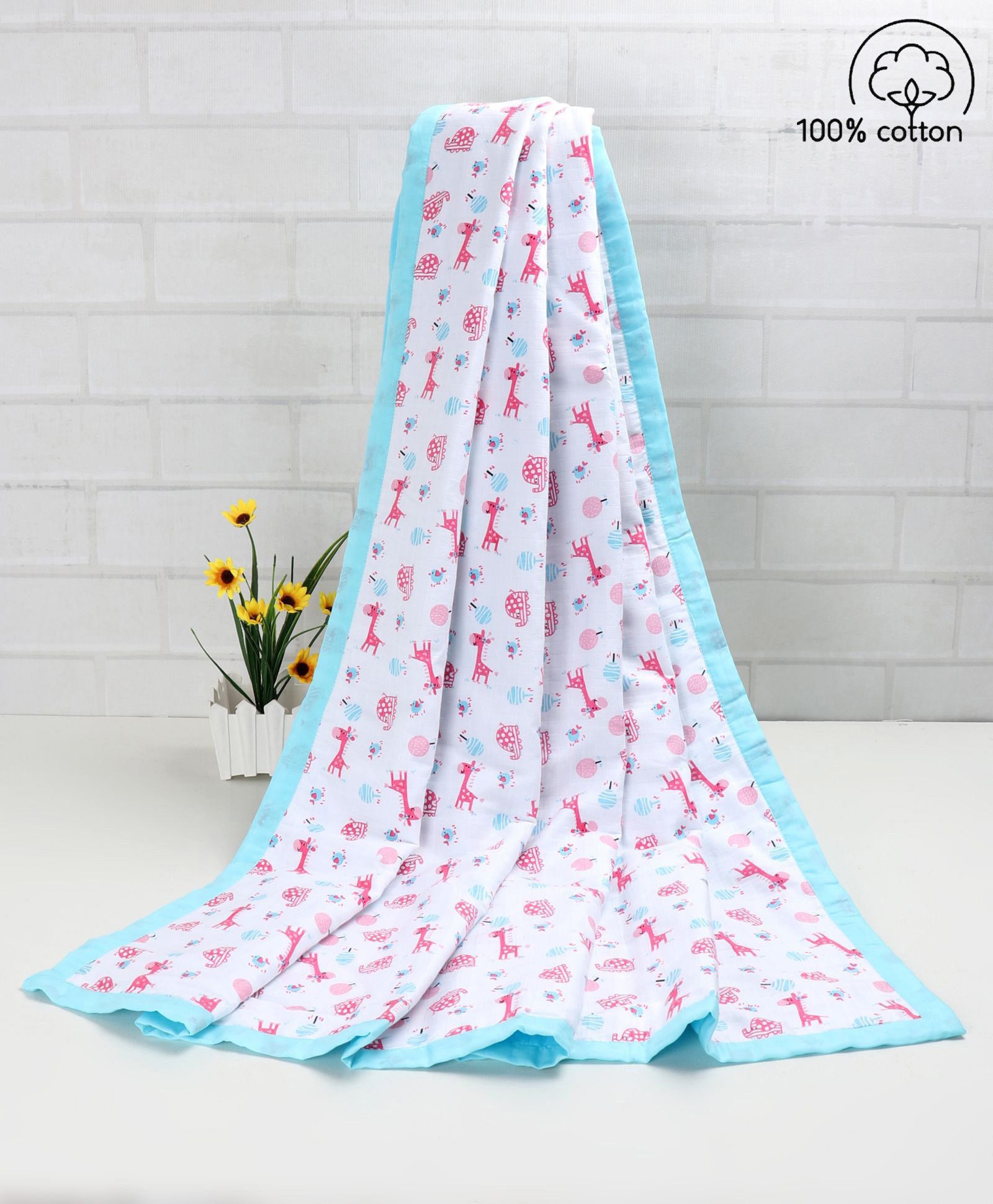 Babyhug Premium Cotton 3 Layered Baby Muslin Blanket Giraffe Print - Blue-image-48