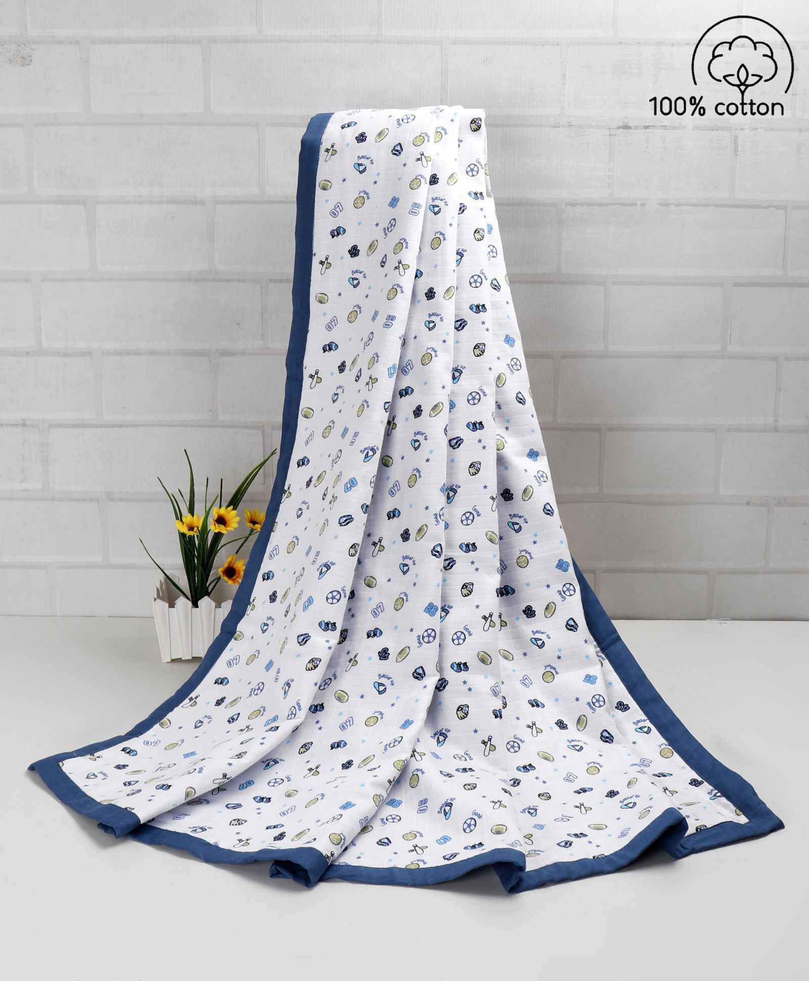 Babyhug Premium Cotton 3 Layered Baby Muslin Blanket Sports Print - Blue-image-47