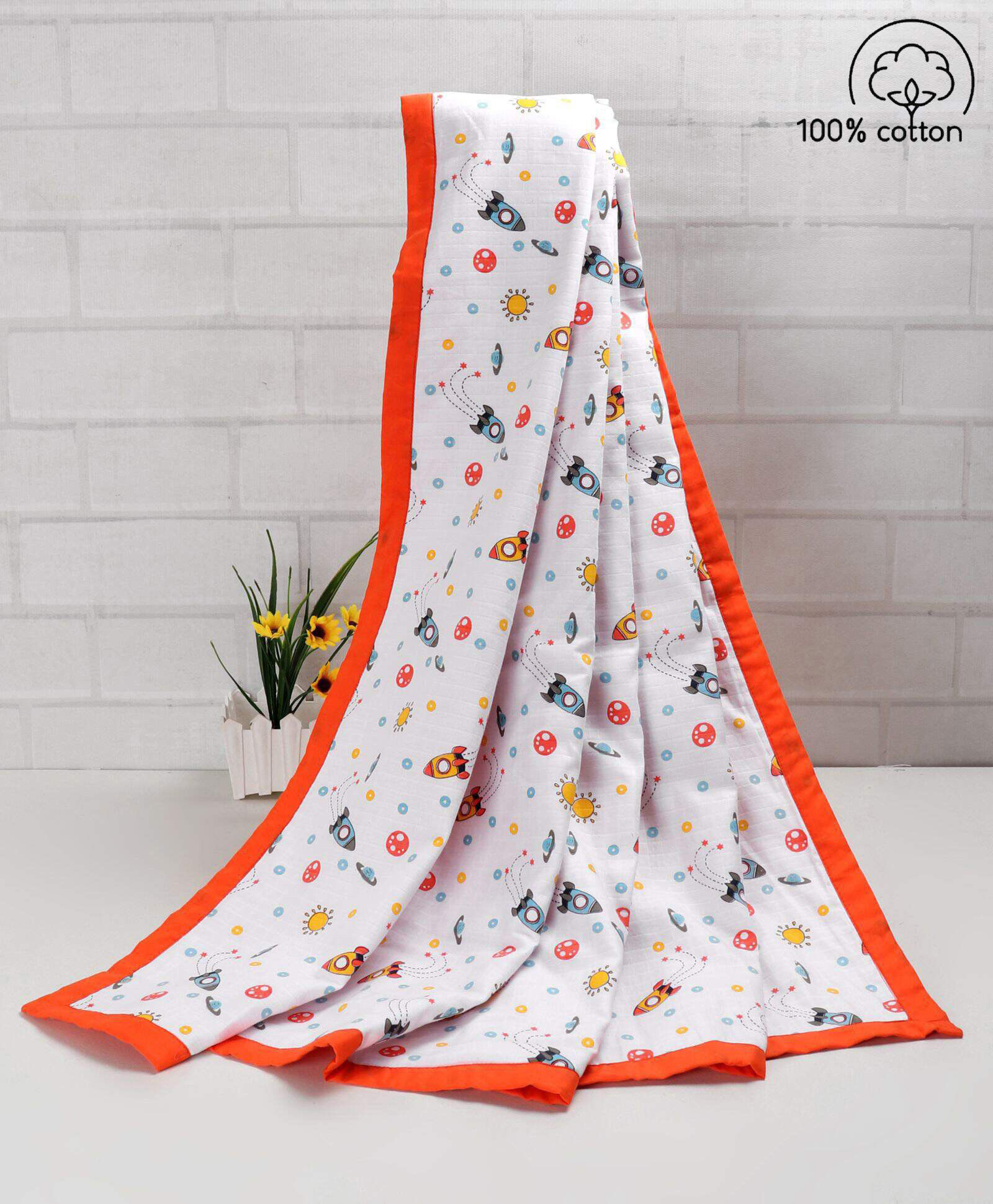 Babyhug Premium Cotton 3 Layered Baby Muslin Blanket Space Print - Orange-image-33