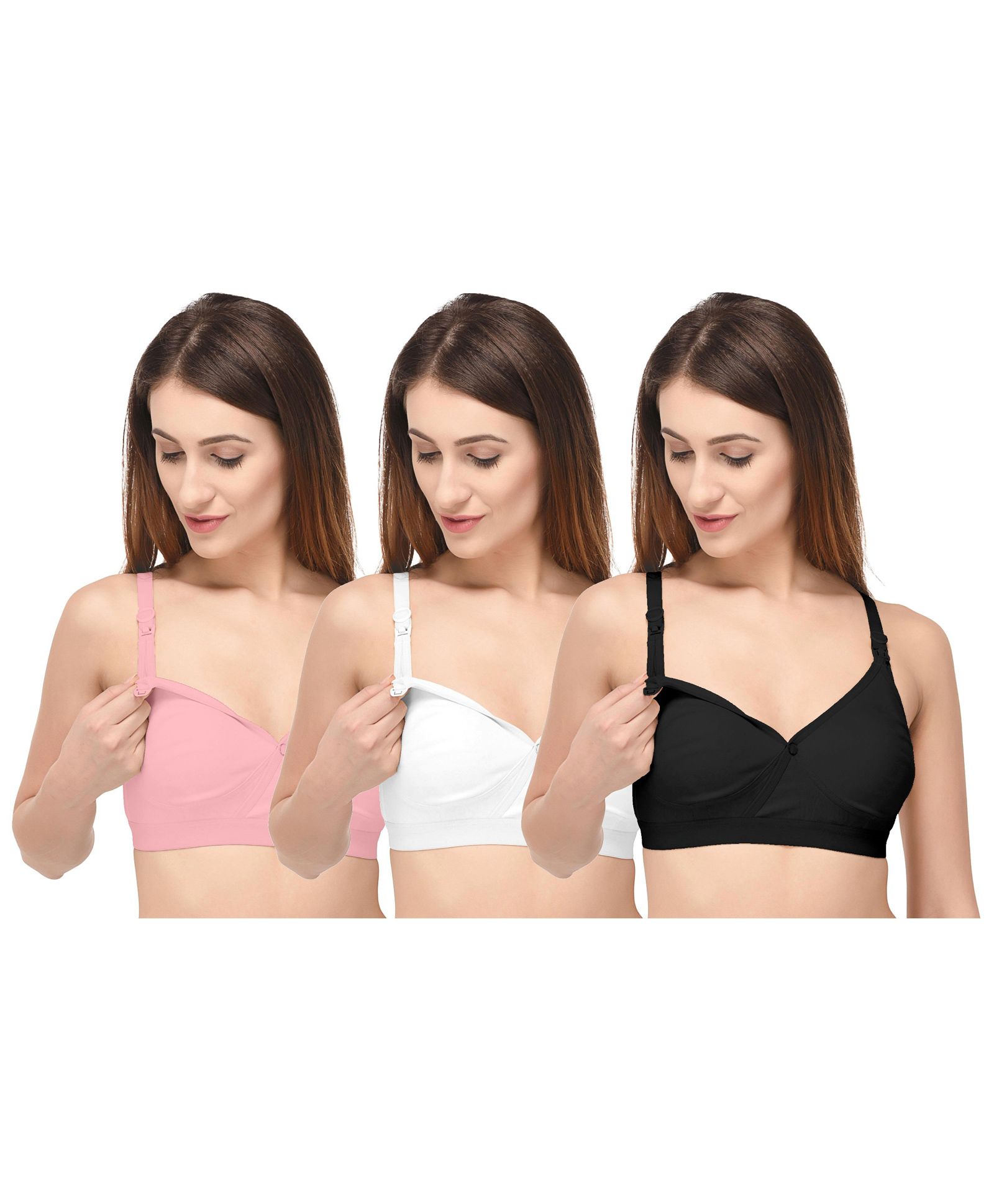 Fabme Solid Full Cup Nursing Pack Of 3 Bra - Pink Black & White-picture-22