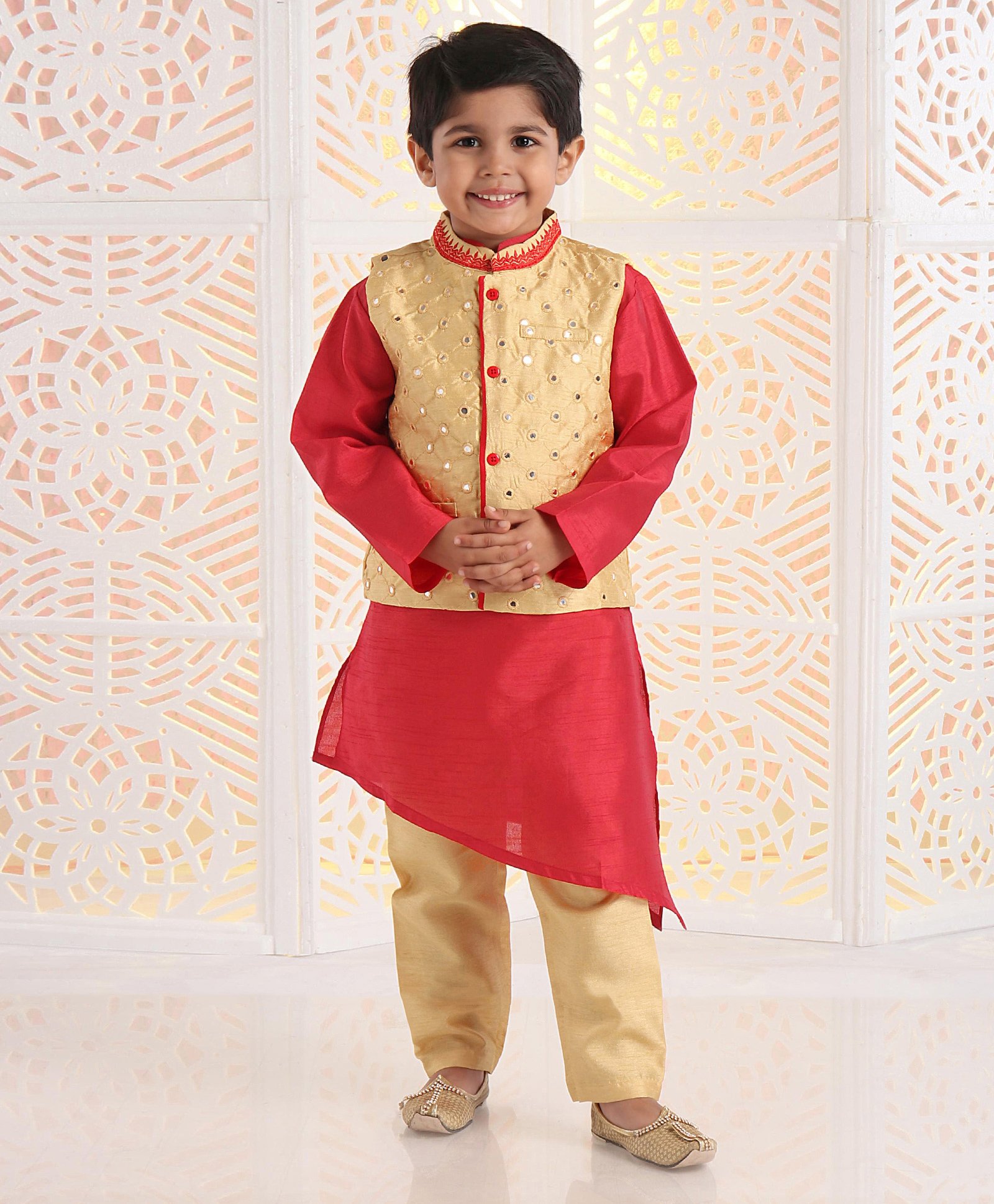 Babyhug Solid Kurta & Pyjama With Embellished Jacket - Beige Red-image-16