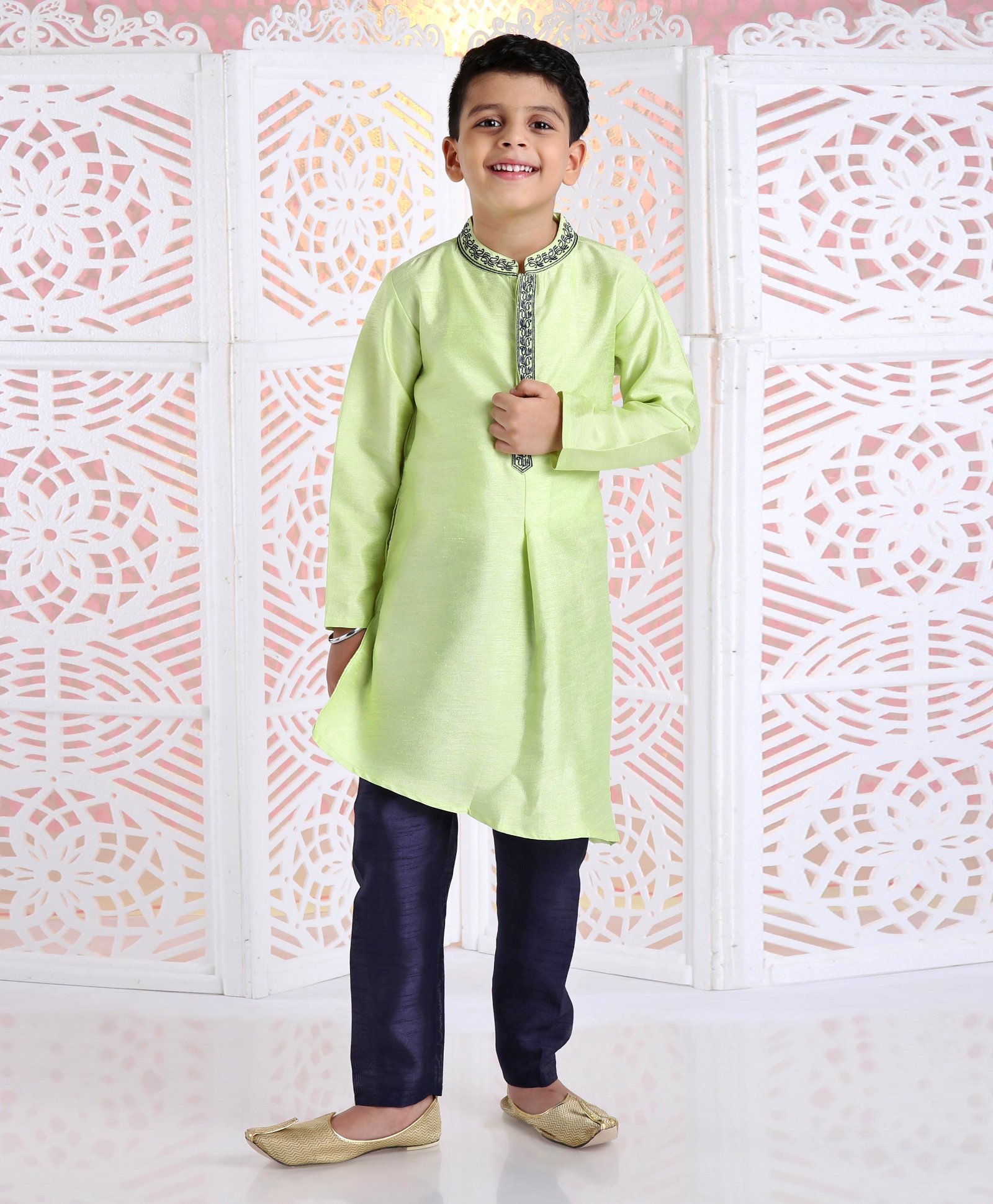 Babyhug Full Sleeves Asymmetrical Kurta And Pyjama Embroidered - Green Navy Blue-image-42