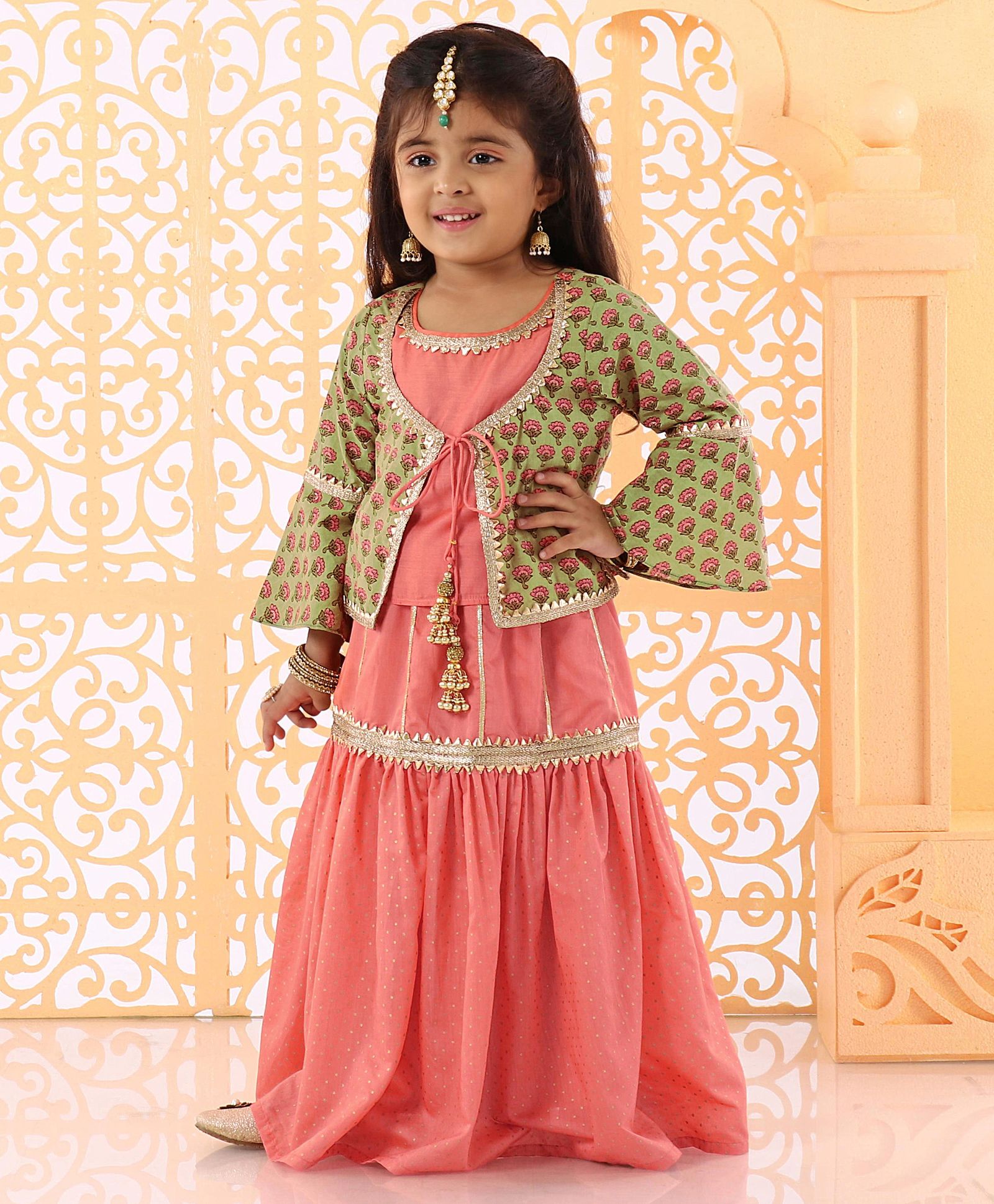 Babyhug Bell Sleeves Lehenga and Choli with Mock Ethnic Jacket Floral Print - Green Orange-image-9