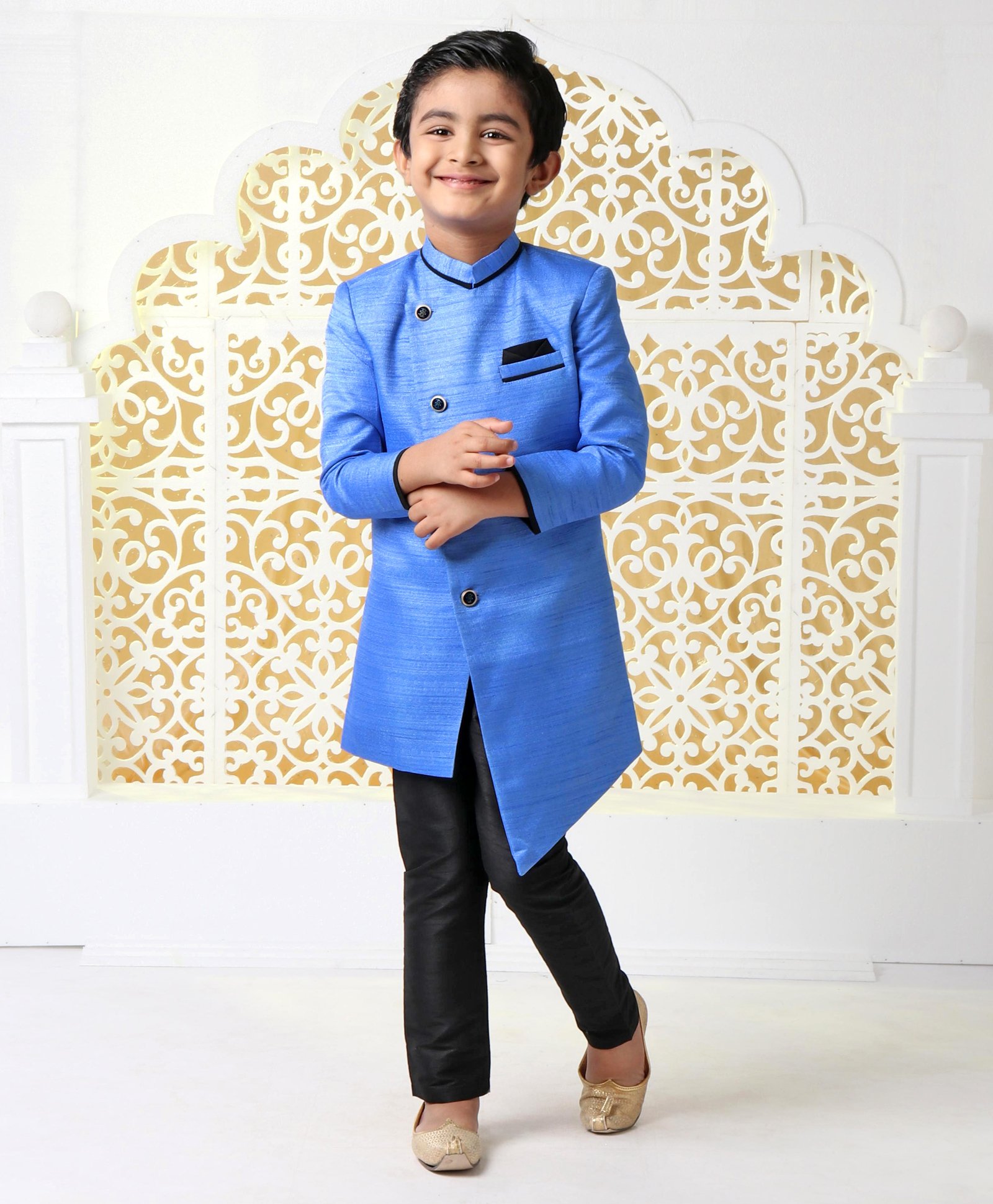 Babyhug Full Sleeves Sherwani With Pocket Square - Blue-image-3
