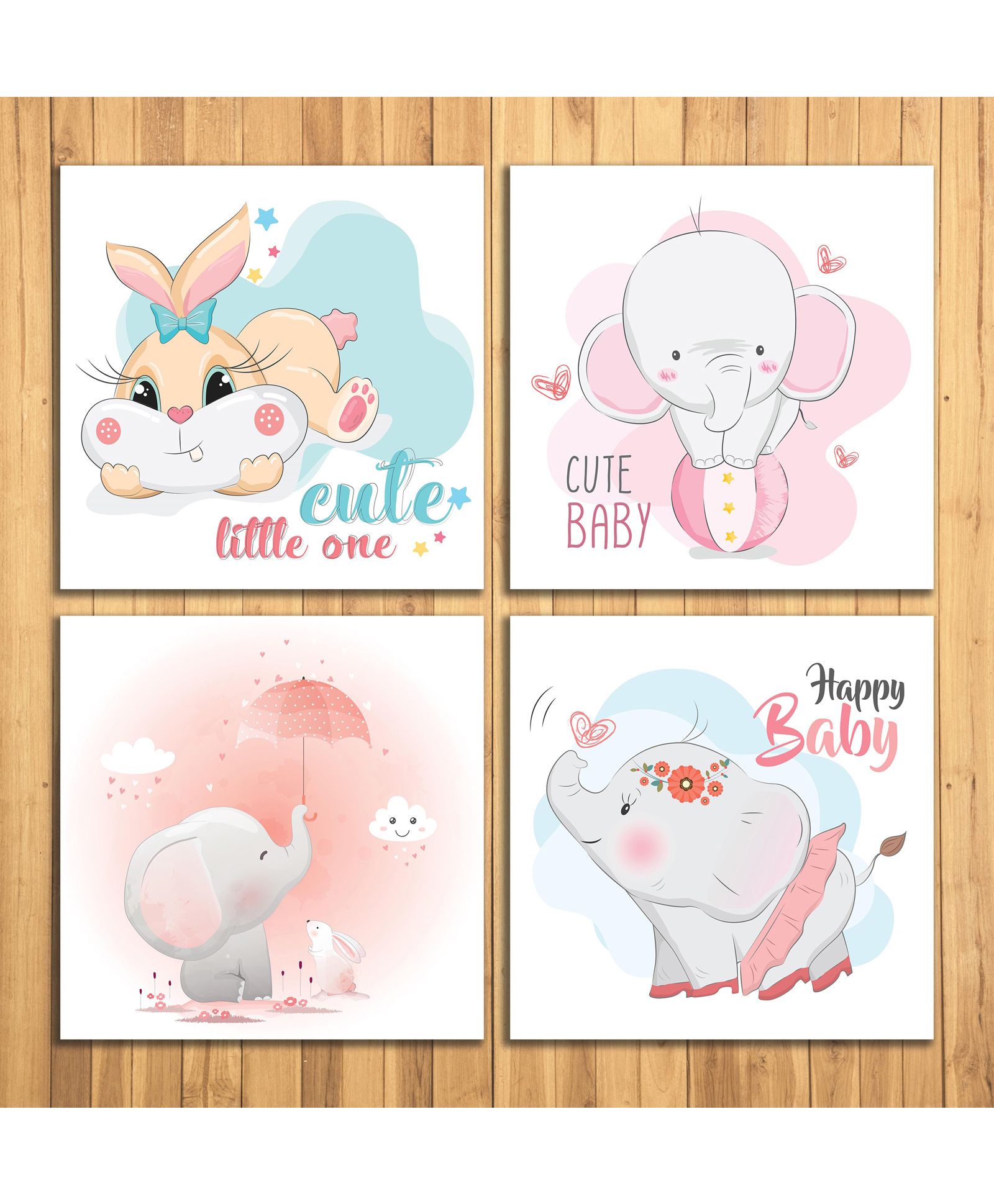 Wens Sparkle Laminated Wall Panels Elephant & BunnyWens Laminated Wall Panels Elephant & Bunny Print Set of 4 - Multicolour-image-39