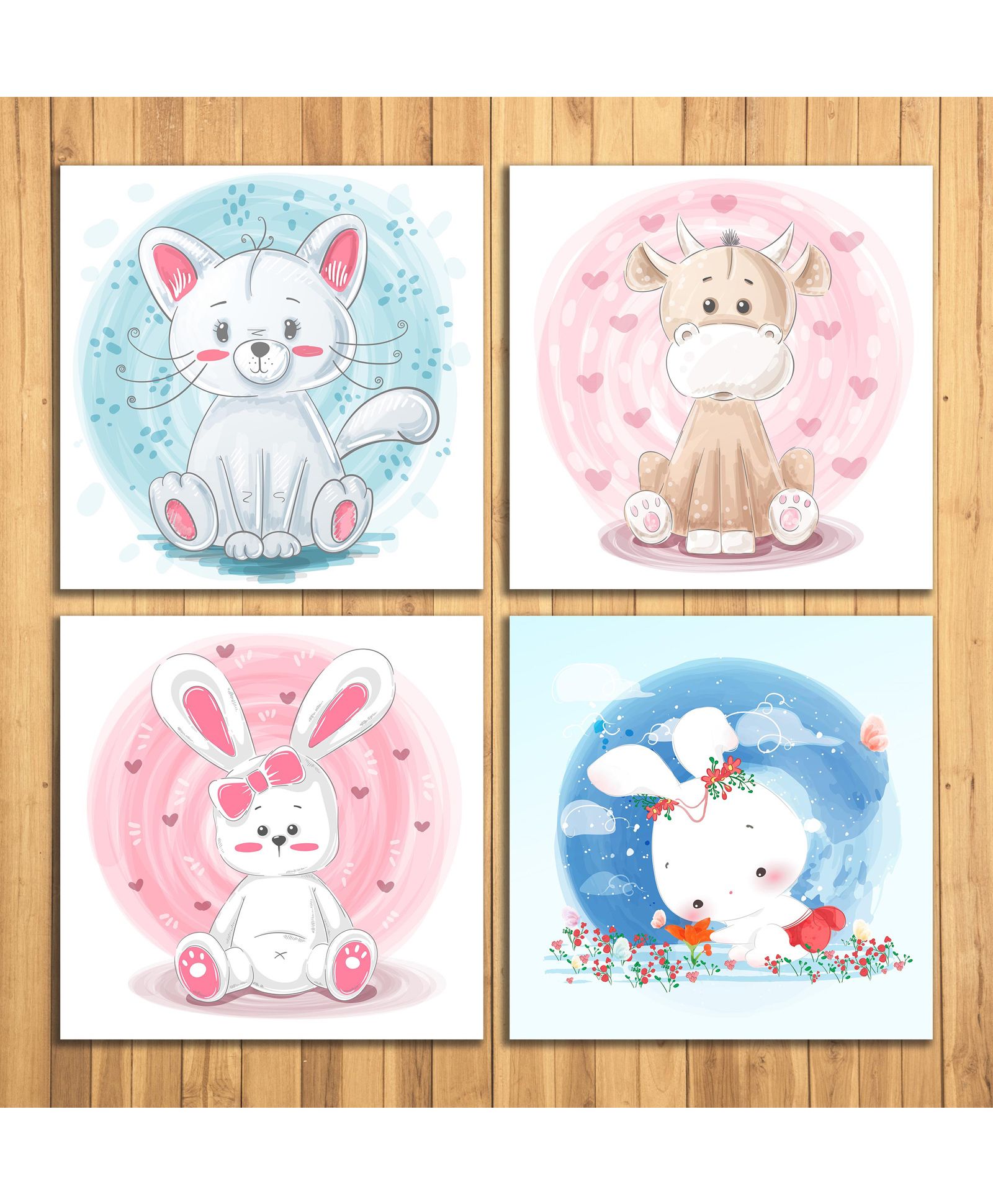 Wens Sparkle Laminated Wall Panels Kitty & Bunny Print Set of 4 - Blue Pink-image-44