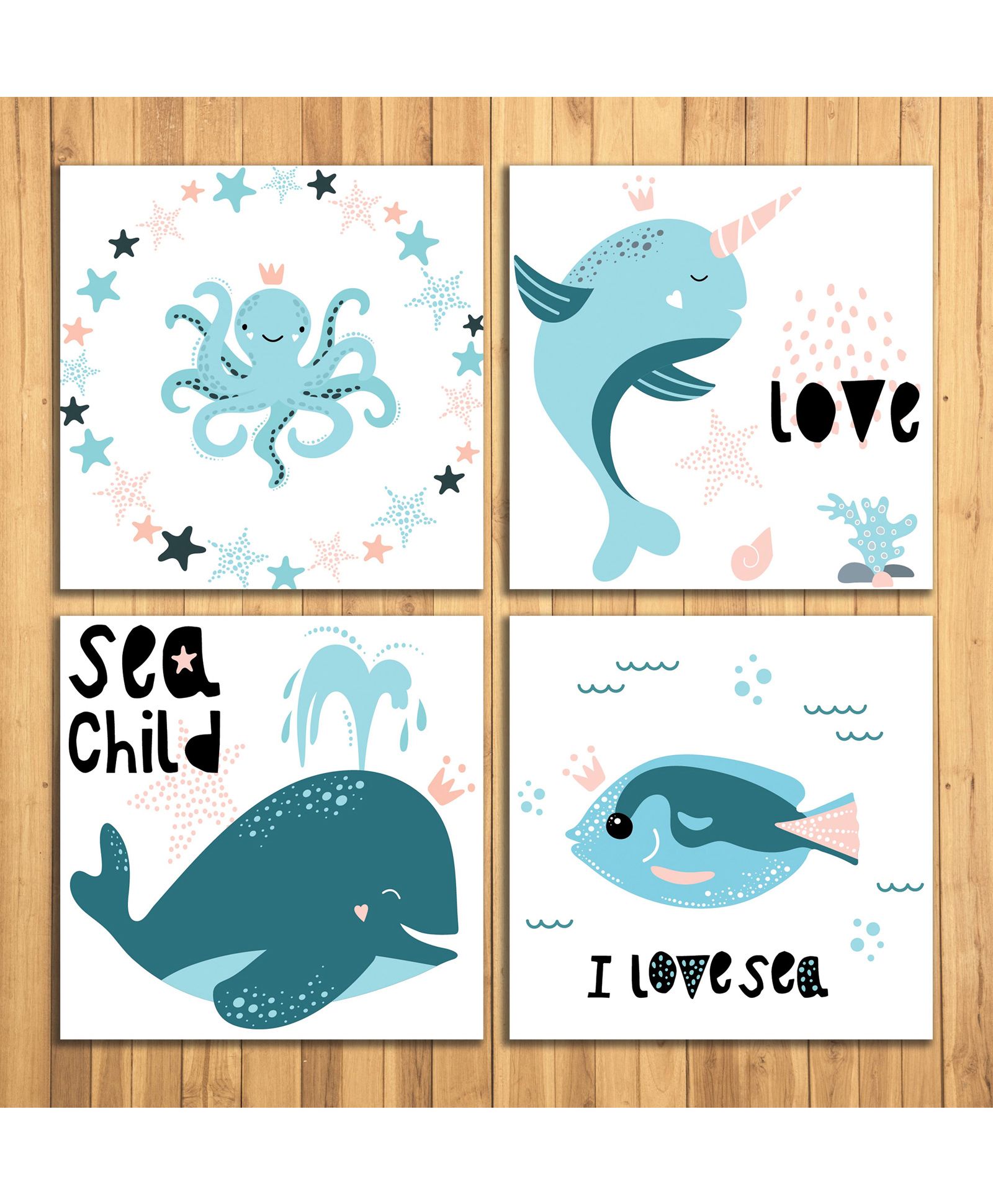 Wens Sparkle Laminated Wall Panels Aquatic Animal Print Pack of 4 - White-image-38
