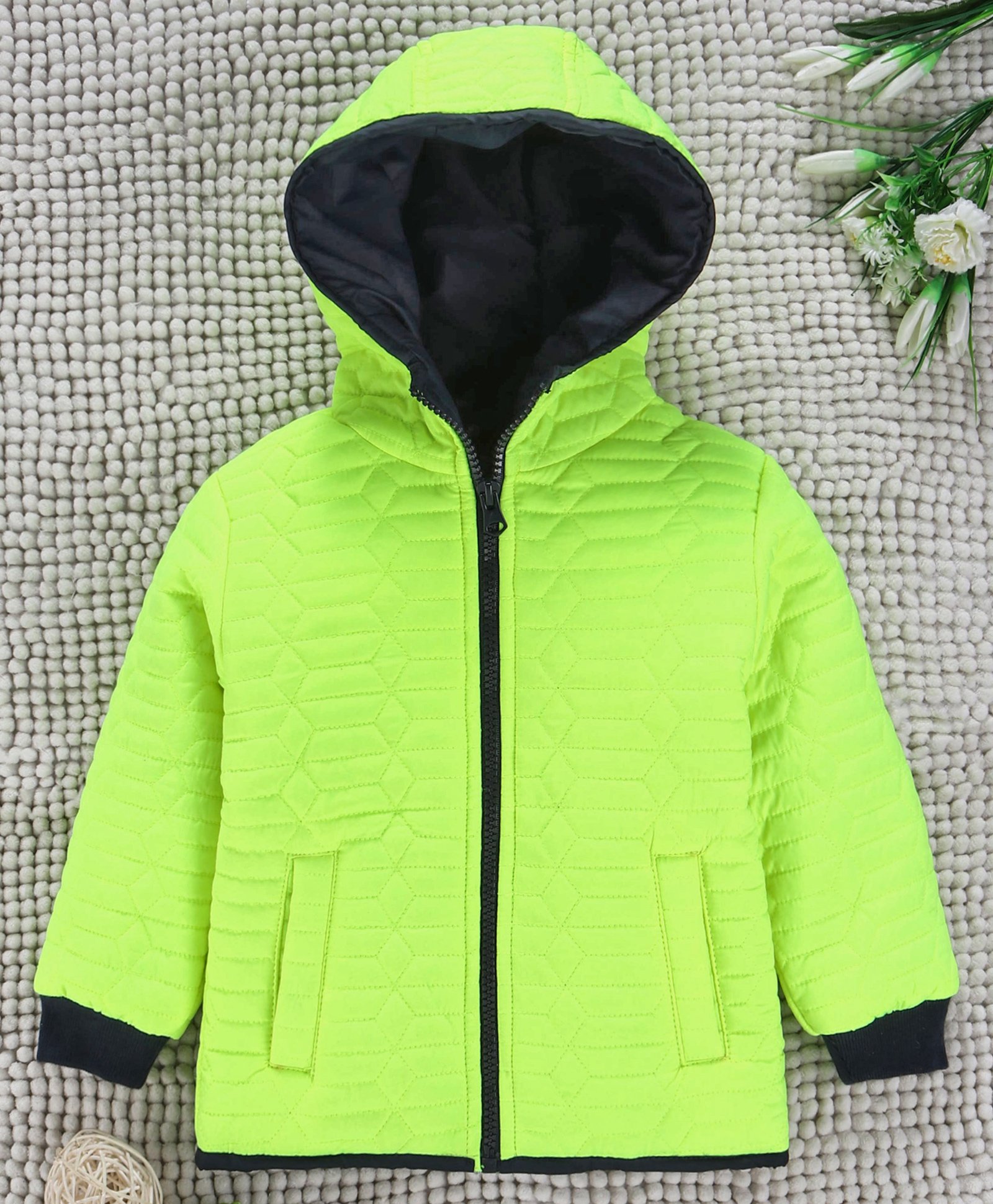 Babyhug Full Sleeves Quilted Winter Jacket With Hood - Neon Green-picture-25