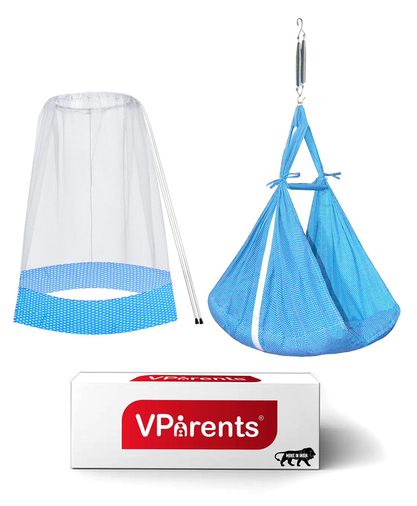 VParents Small Dots Baby Swing Cradle With Mosquito Net & Spring - Blue-image-40