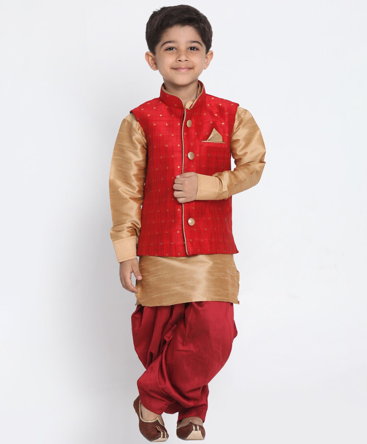 Vastramay Full Sleeves Kurta With Brocade Work Jacket & Dhoti Set - Red-image-1