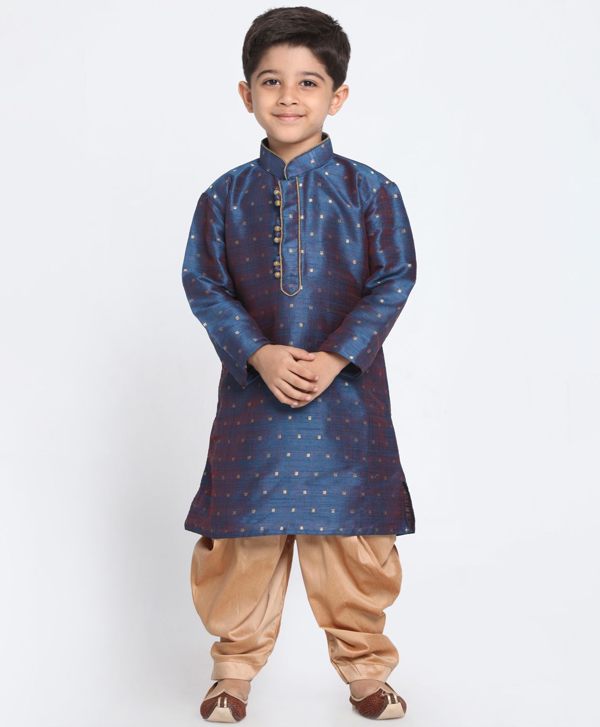 Vastramay Gold Square Print Full Sleeves Kurta & Dhoti Set - Blue-image-38