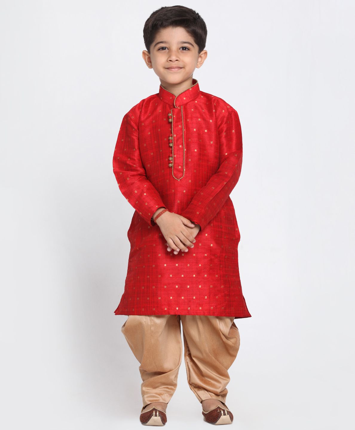 Vastramay Gold Square Print Full Sleeves Kurta & Dhoti Set - Maroon-image-2