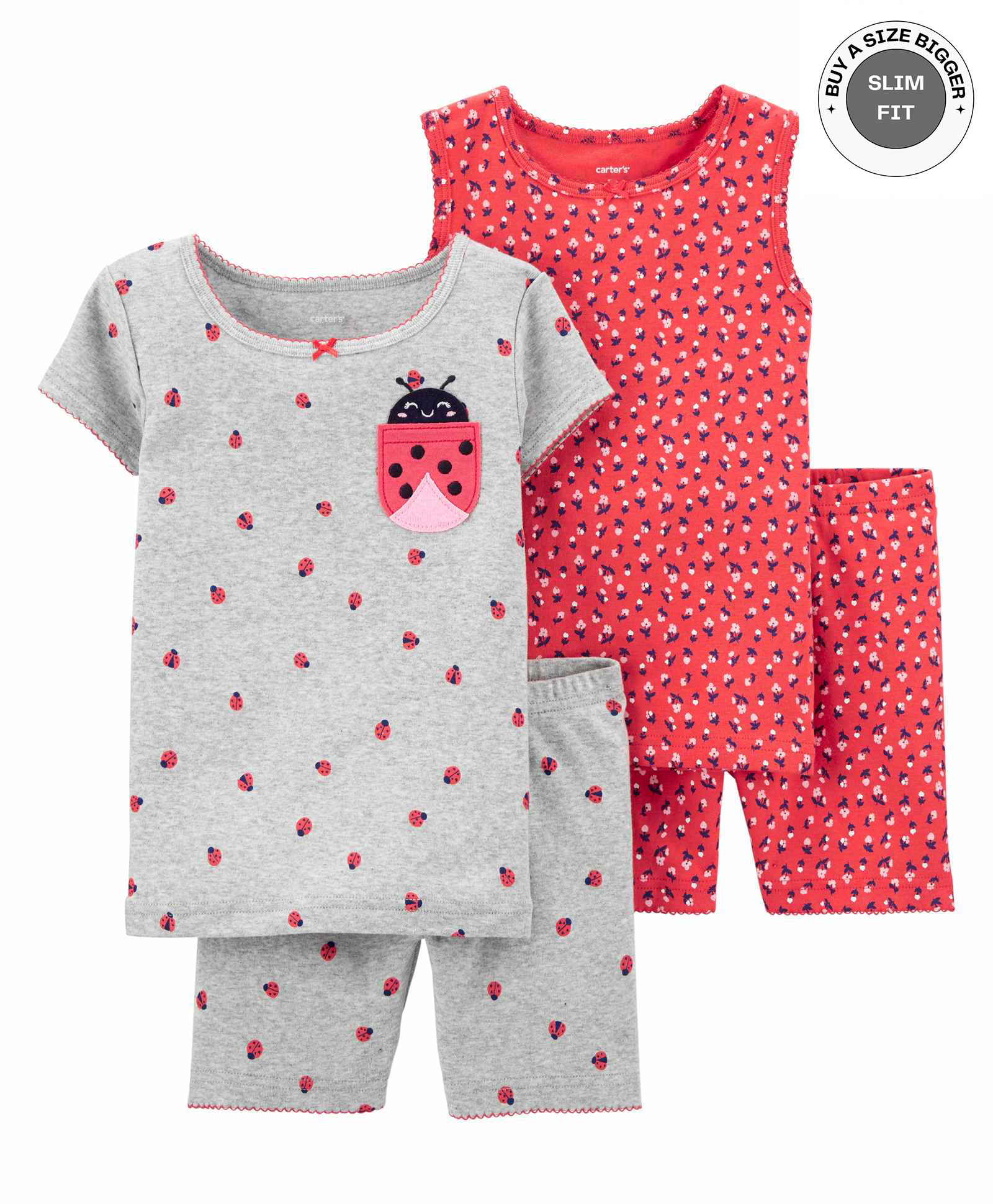 Carter's 4-Piece Ladybug Snug Fit Cotton Night Suit - Red Grey-image-8