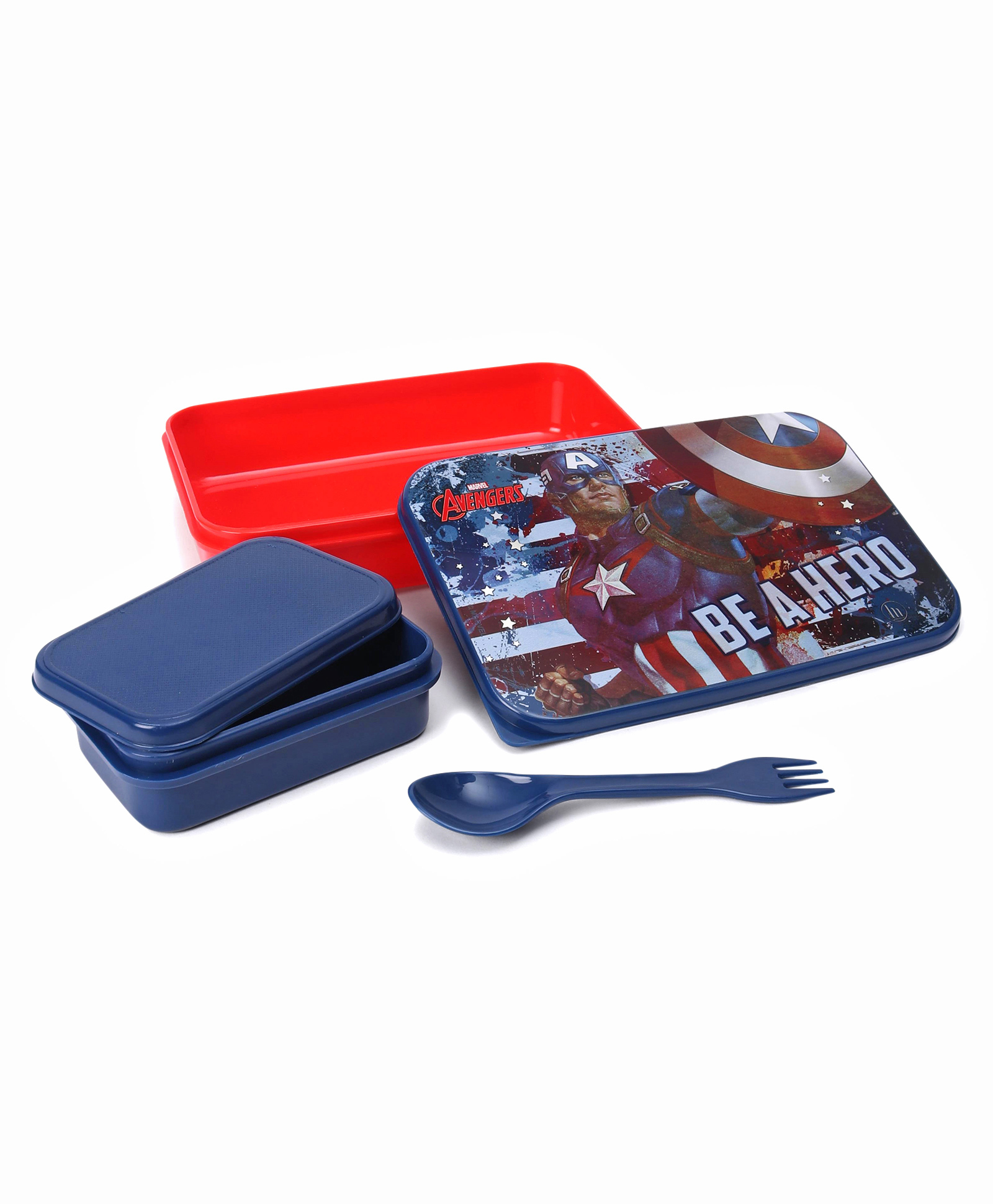 Marvel Avengers Captain America Lunch Box With Small Container Spoon Fork - Red & Blue-image-24