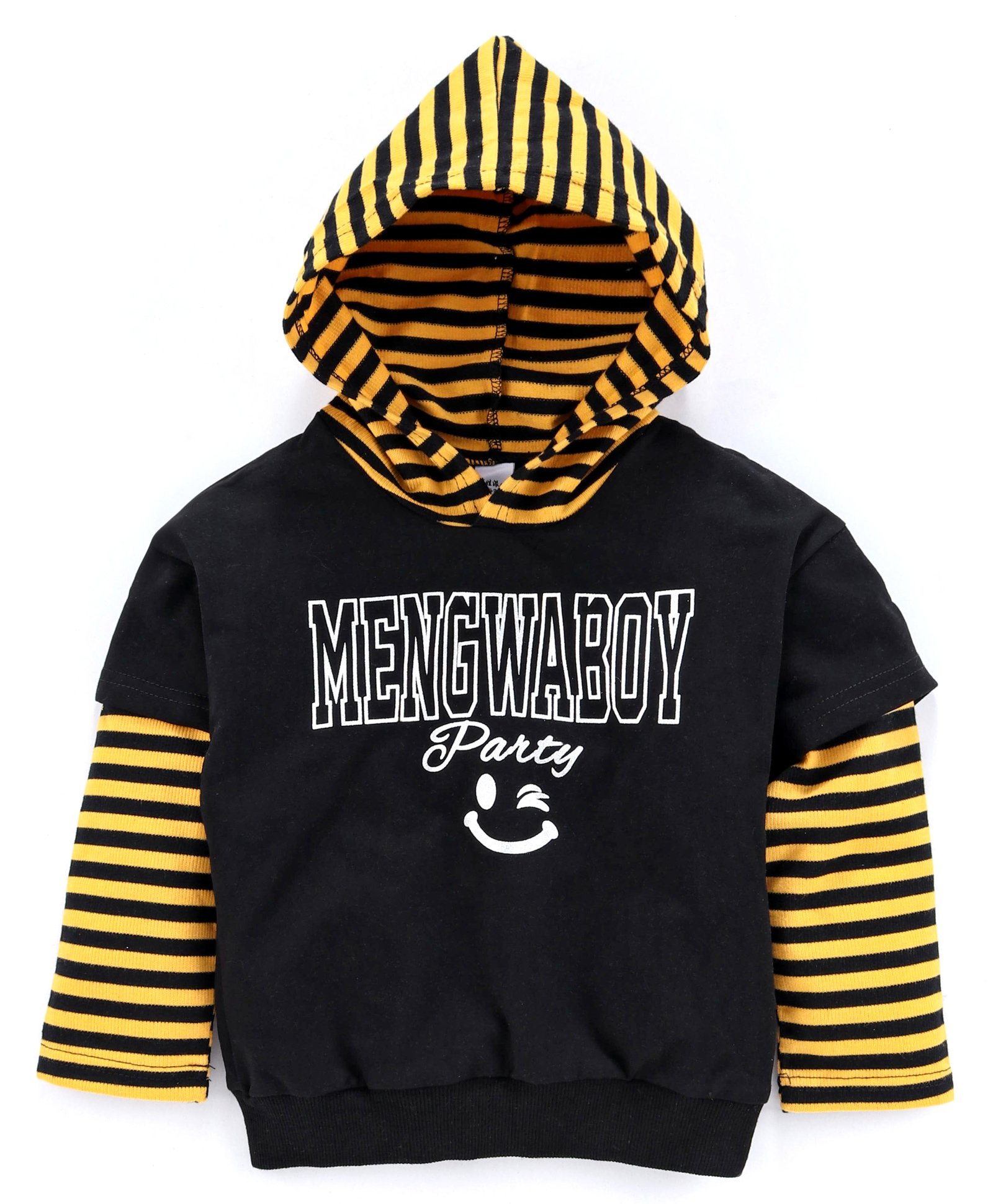 Meng Wa Full Sleeves Striped Hooded Sweatshirt - Black Yellow-image-7