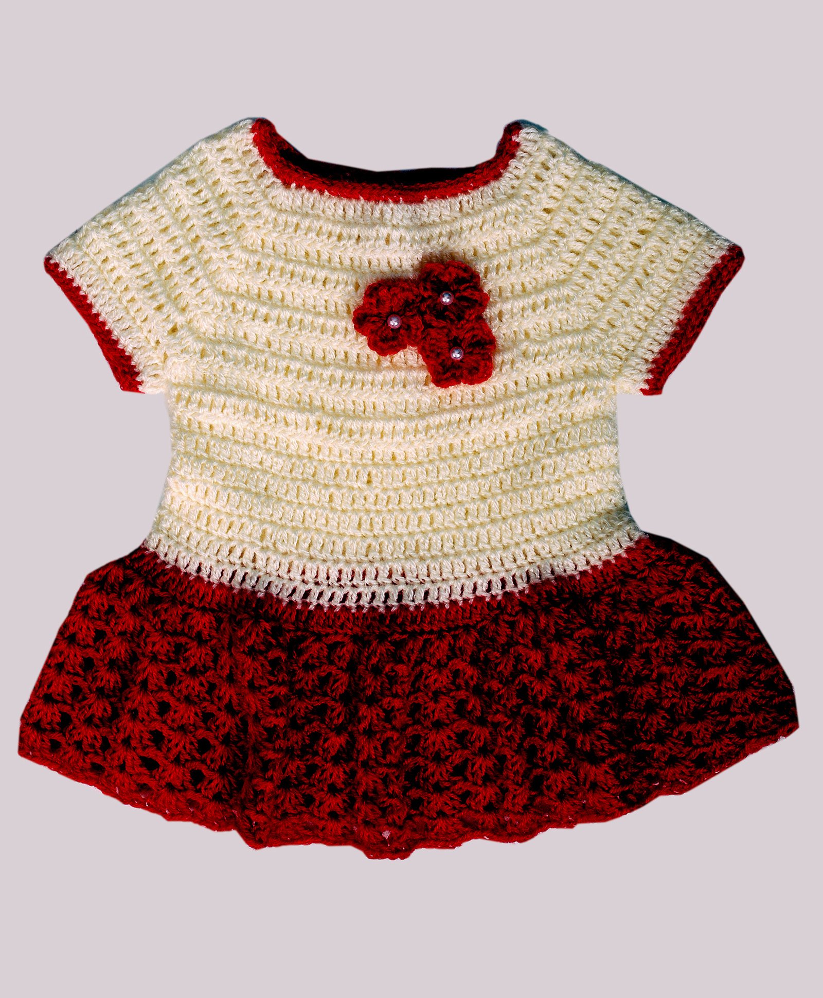 Knits & Knots crochet Flower Decorated Crochet Half Sleeves Dress - Cream & Red-image-20