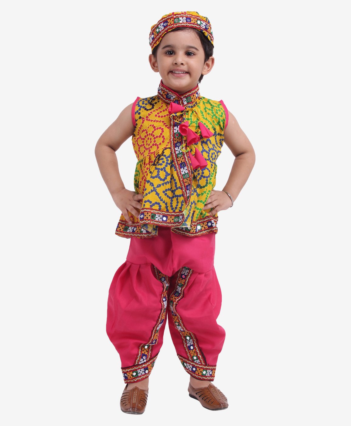 Bownbee Bandhani Print & Embroidered Sleeveless Kedia Set - Yellow