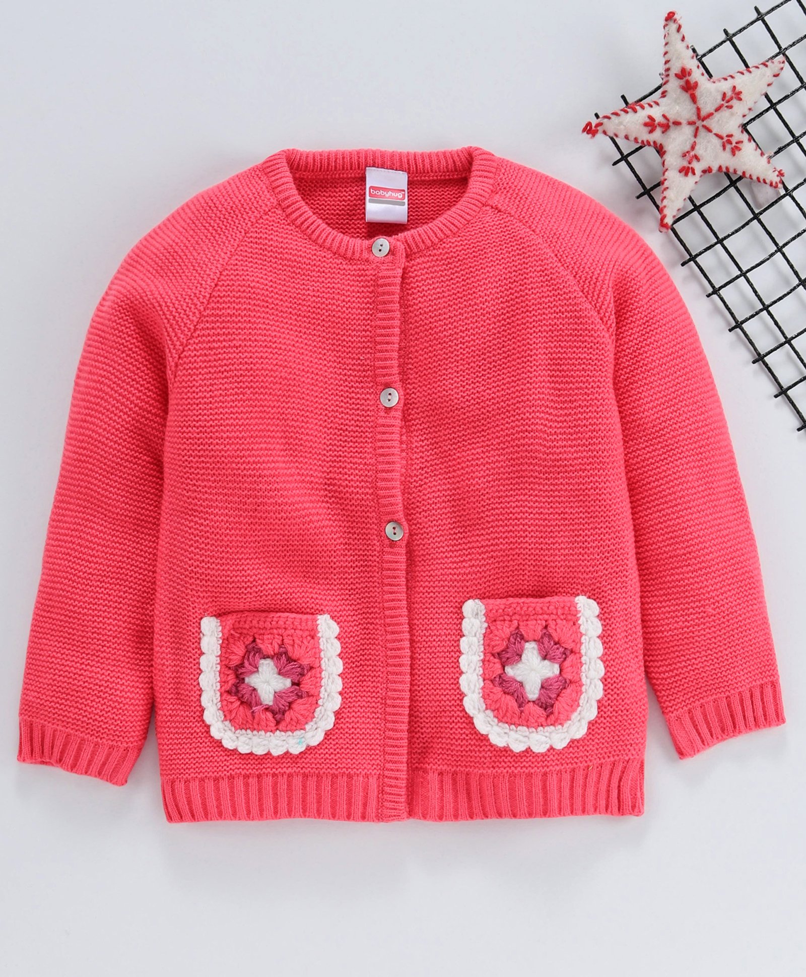 Babyhug Full Sleeves Front Open Sweater With Pockets Coral Babyhug Full Sleeves Front Open Sweater With Pockets Coral