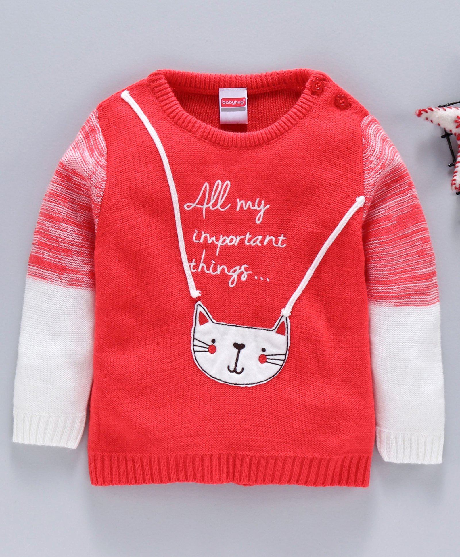 Babyhug Full Sleeves Sweater Kitty Patch - Coral White-image-43