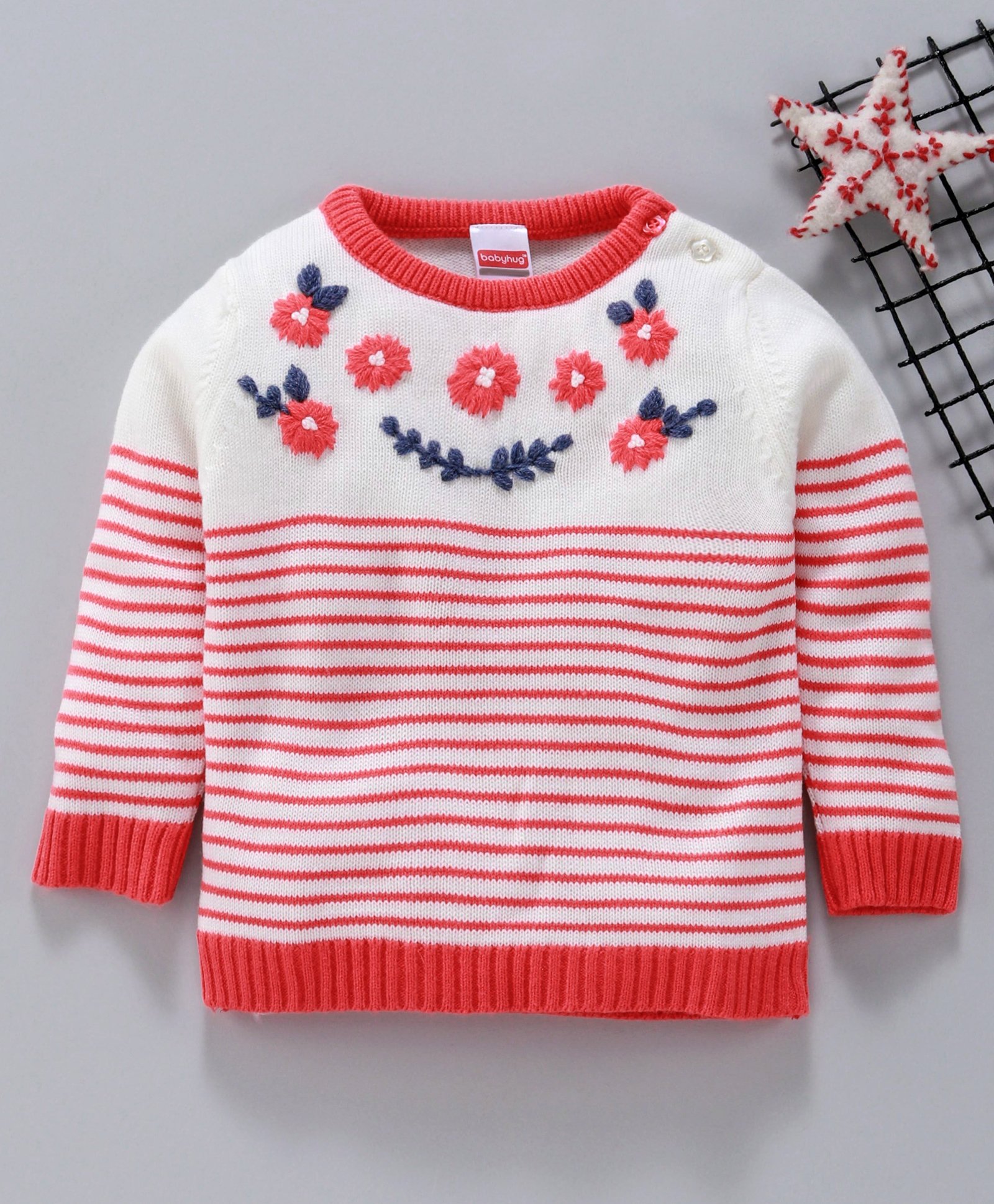 Babyhug Full Sleeves Stripe Sweater Floral Embroidery - Off White Coral-picture-16