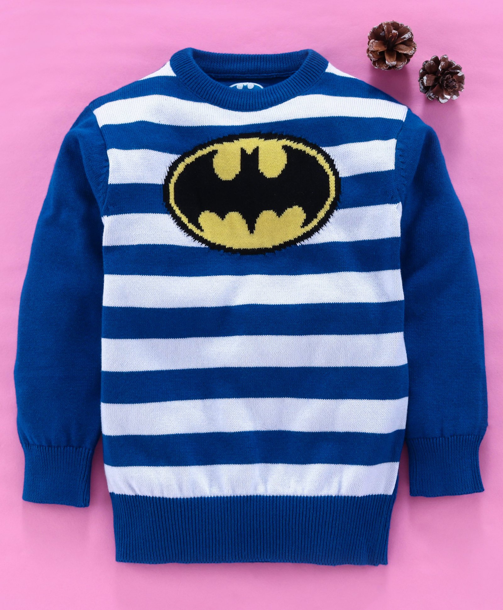 Mom's Love Full Sleeves Striped Pullover Sweater Batman Design - Blue-image-15