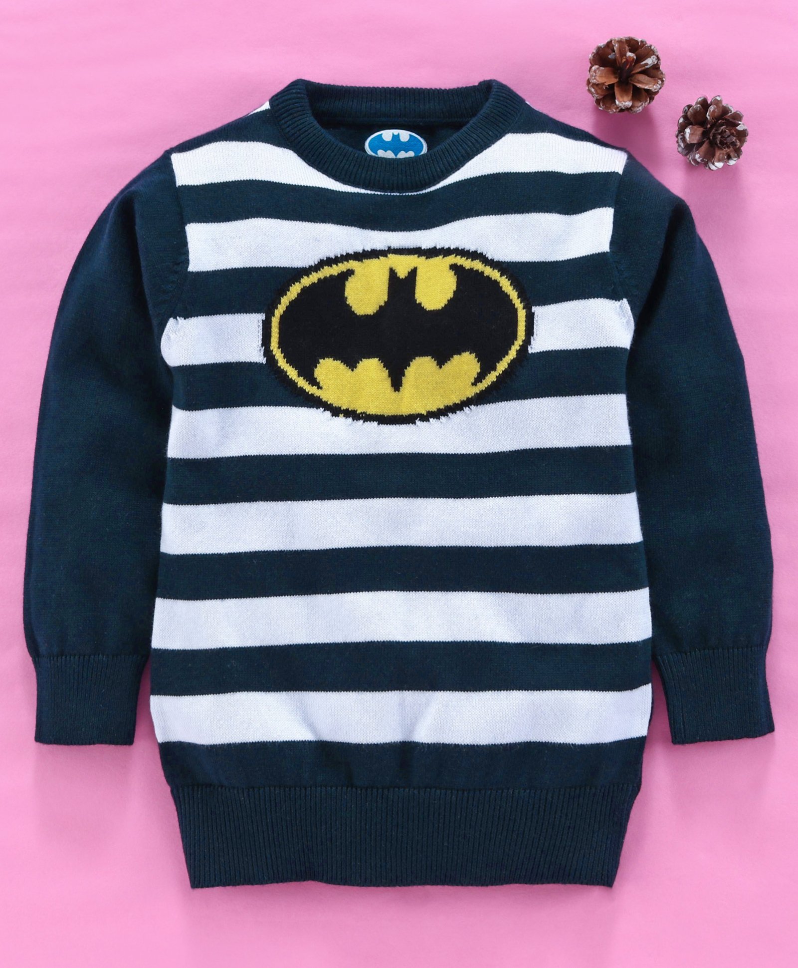 Mom's Love Full Sleeves Striped Pullover Sweater Batman Design - Navy Blue-image-34
