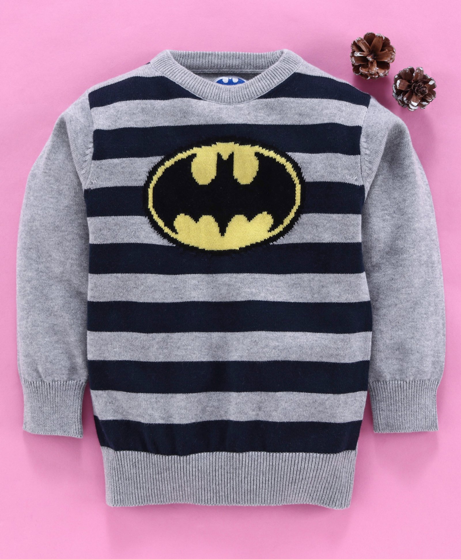 Mom's Love Full Sleeves Striped Pullover Sweater Batman Design - Grey-image-48